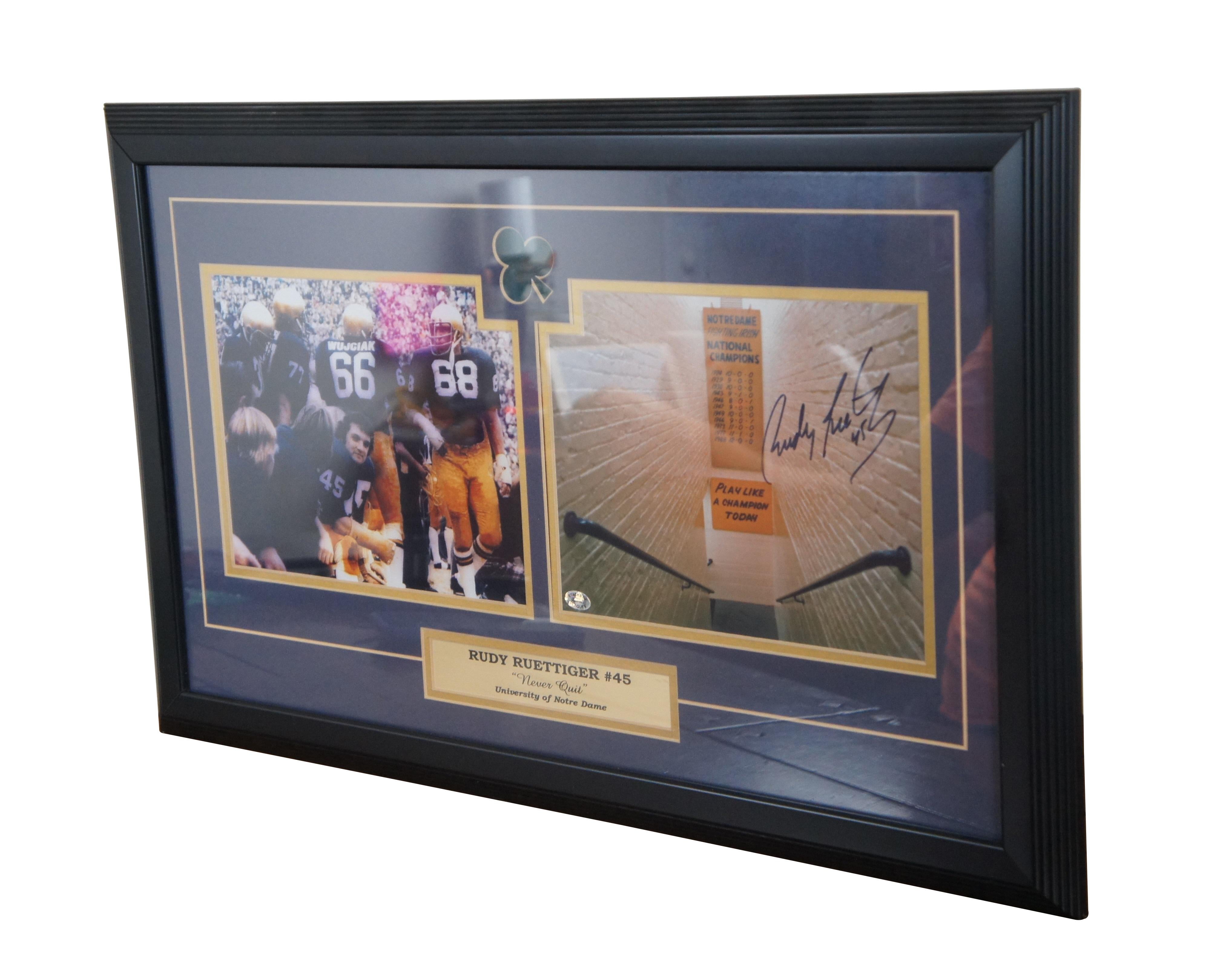 Vintage Rudy Ruettiger #45 Never Quit University of Notre Dame Fighting Irish Football signed / framed autographed photo plaque.

Dimensions:
26.75