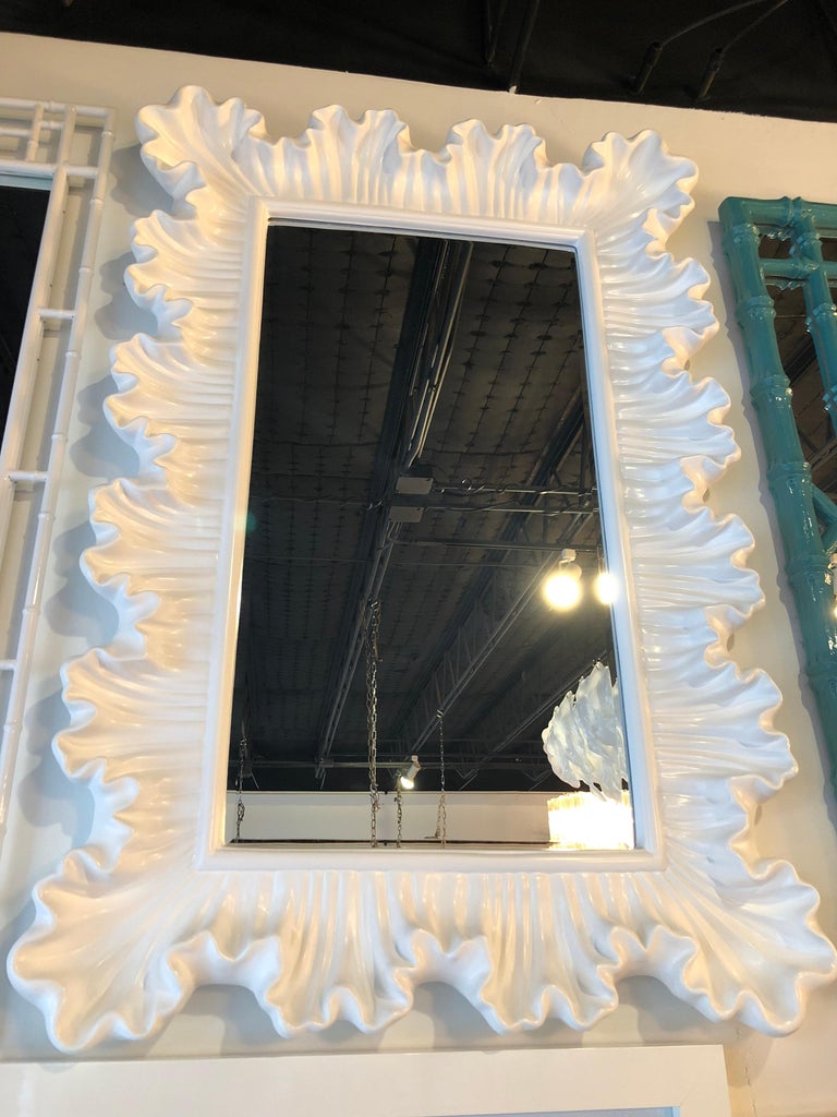 Vintage Ruffle Scalloped White Lacquered Wall Mirror at 1stDibs