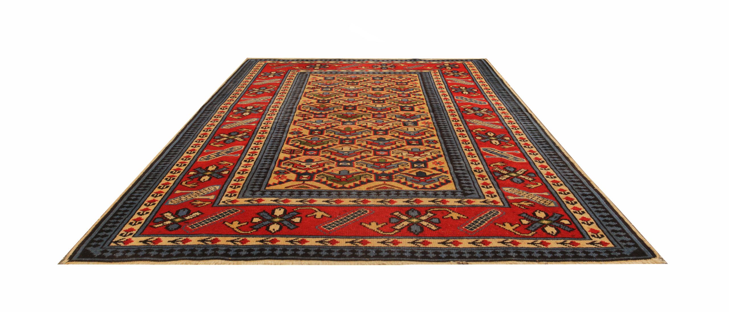 Kazak Vintage Rug Red Blue Caucasian Oriental Rug Handmade Carpet  Shirvan Area Rug  For Sale
