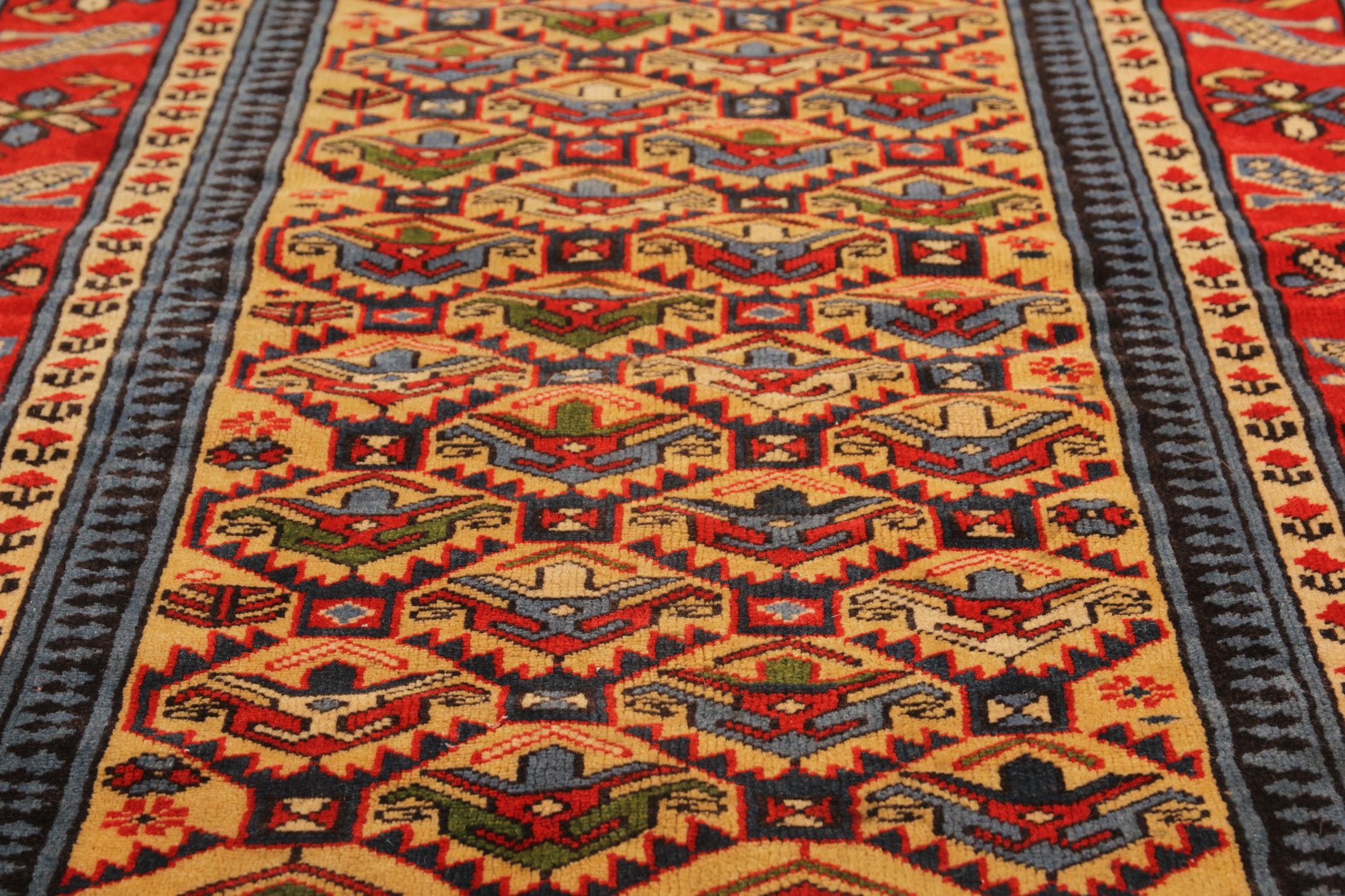 Azerbaijani Vintage Rug Red Blue Caucasian Oriental Rug Handmade Carpet  Shirvan Area Rug  For Sale