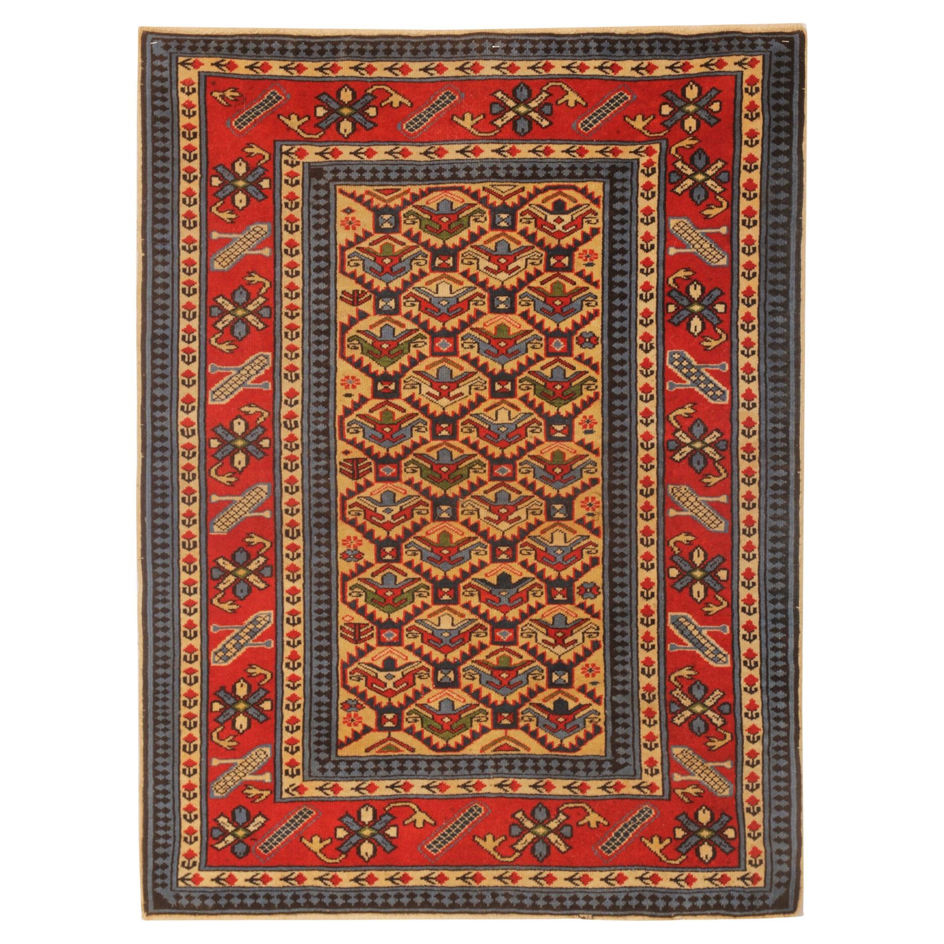 Vintage Teppich Rot Blau Kaukasischer Orientteppich Handgefertigter Teppich  Schirwan-Teppich  im Angebot