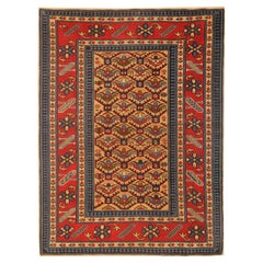 Retro Rug Red Blue Caucasian Oriental Rug Handmade Carpet  Shirvan Area Rug 