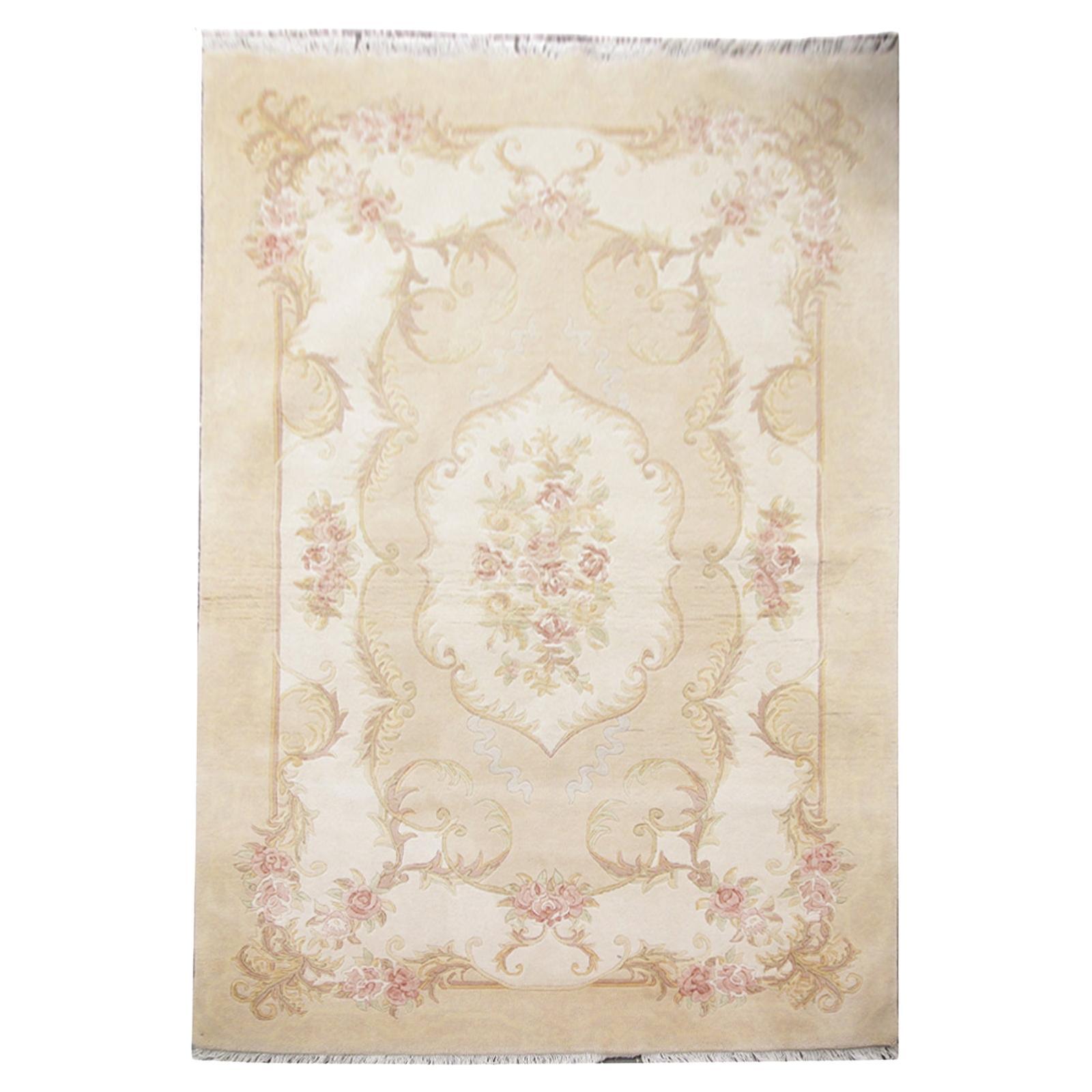Vintage Rug Cream Carpet Oriental Rugs, Art Deco Style Chinese Rugs for Sale For Sale