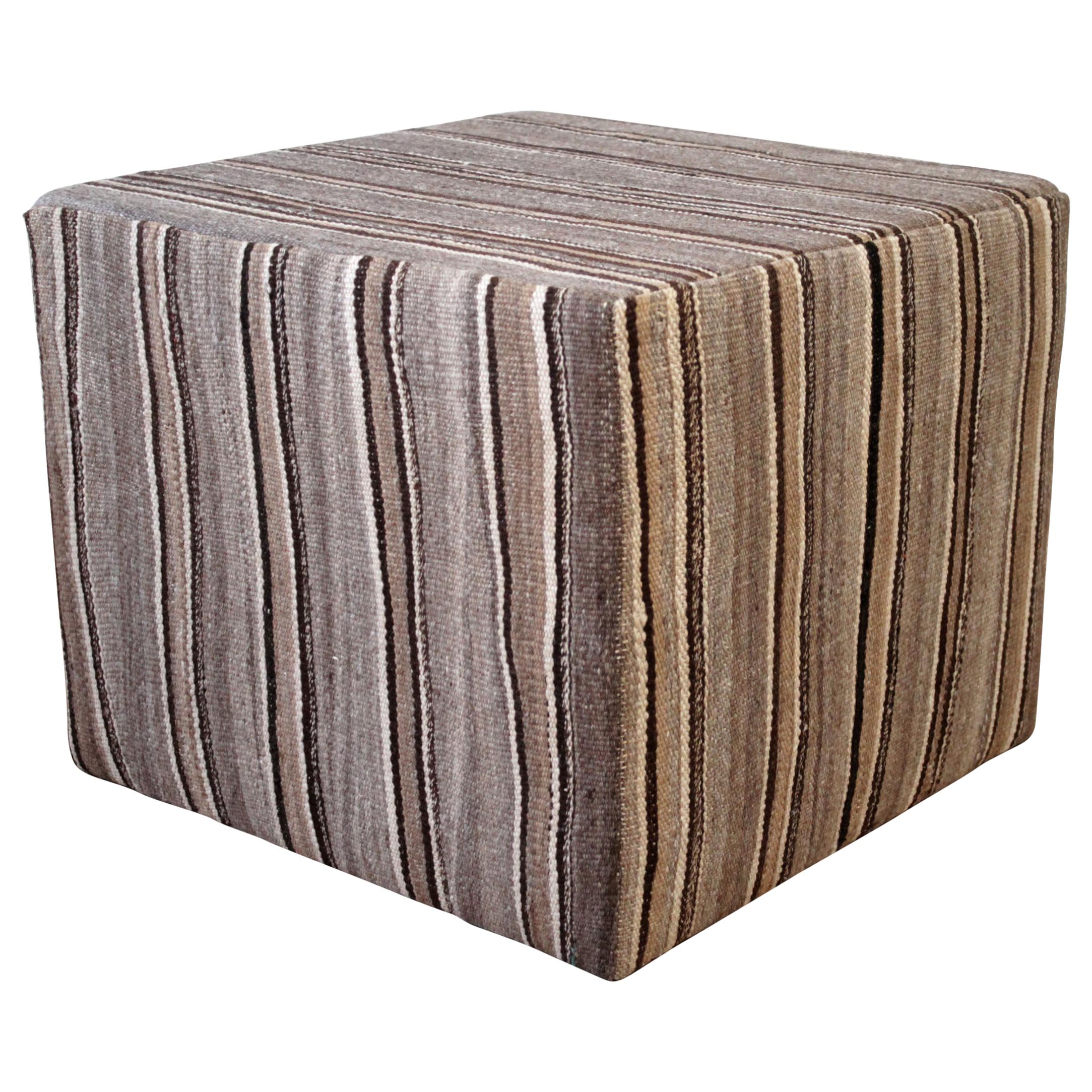 Custom Upholstered Cube Ottomans in Natural Grain Sack with Black