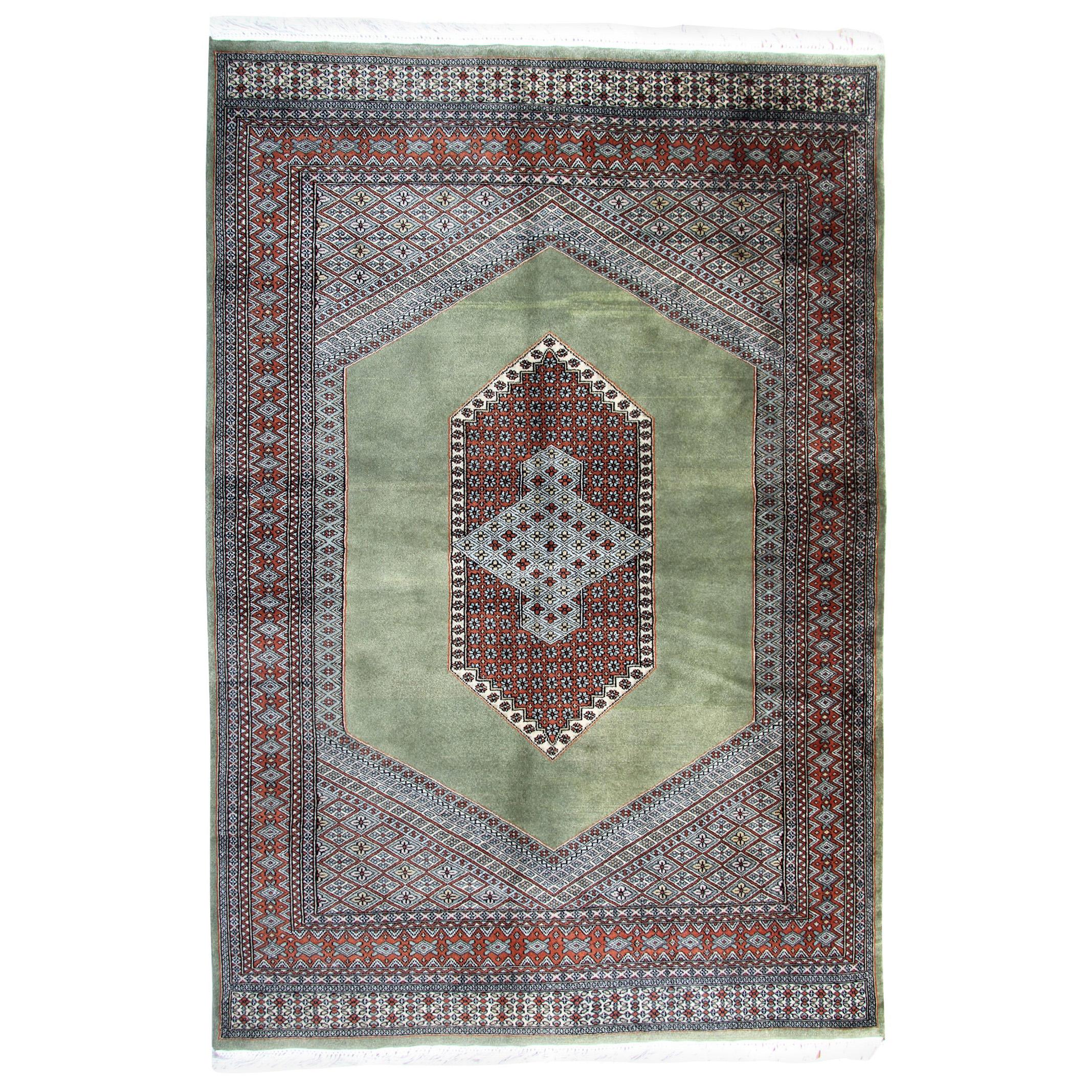 Vintage Rug Green Turkmen Bukhara, Hand-Knotted Wool Carpet