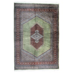 Vintage Rug Green Turkmen Bukhara, Hand-Knotted Wool Carpet