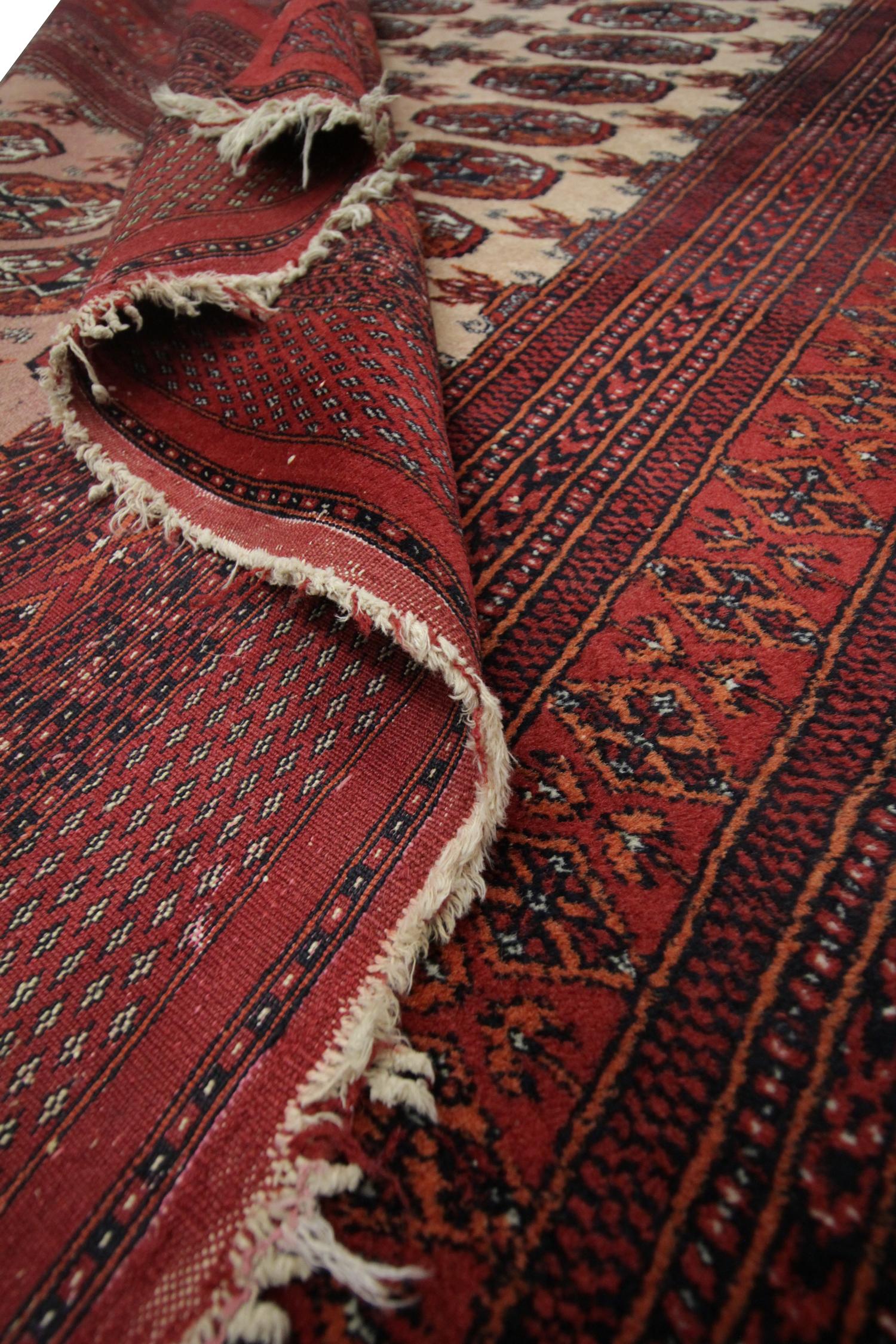 Tribal Vintage Rug Handmade Carpet Turkmen Rug- Red Wool Oriental Rugs All-Over Design  For Sale