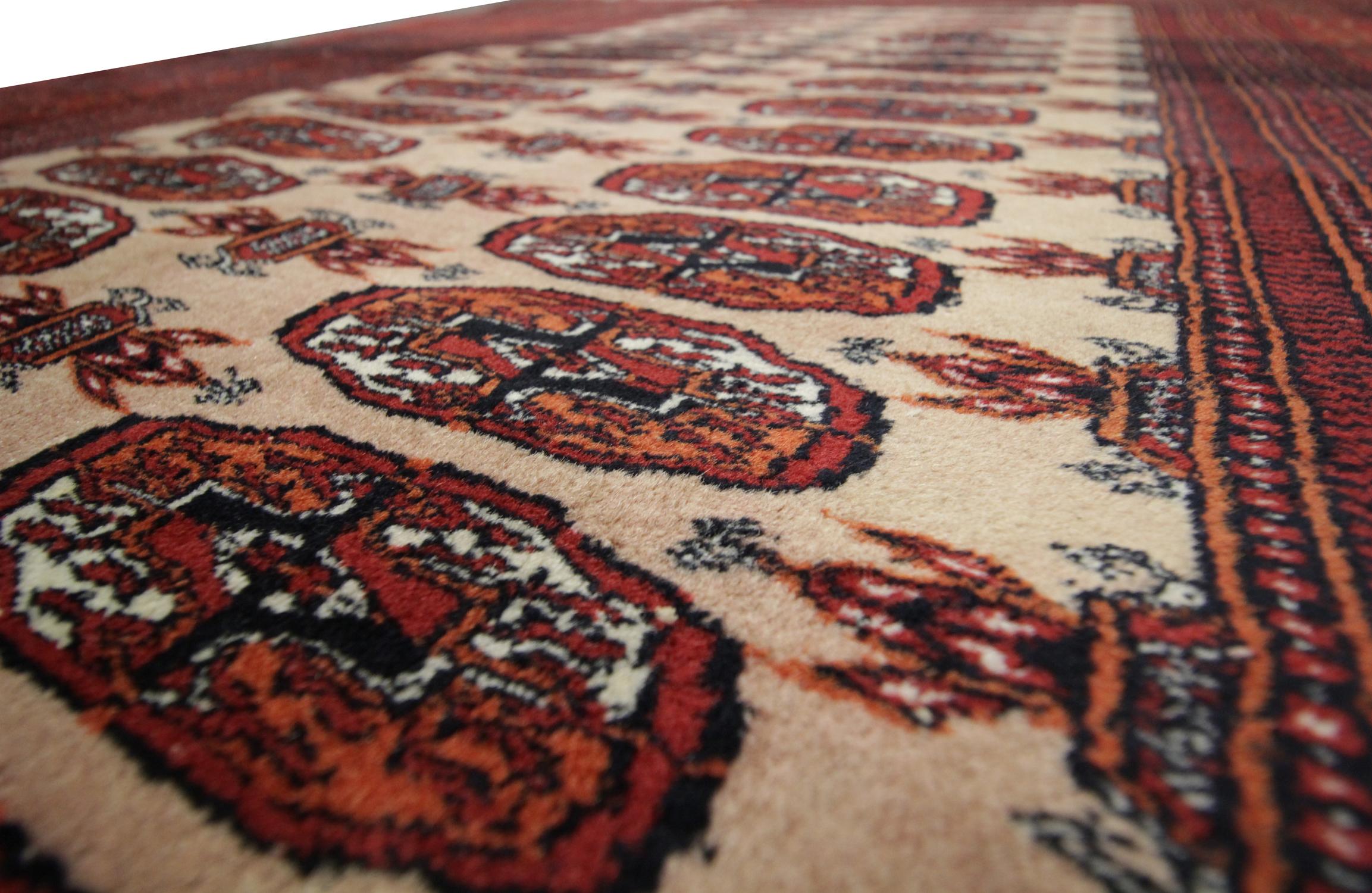 Hand-Knotted Vintage Rug Handmade Carpet Turkmen Rug- Red Wool Oriental Rugs All-Over Design  For Sale