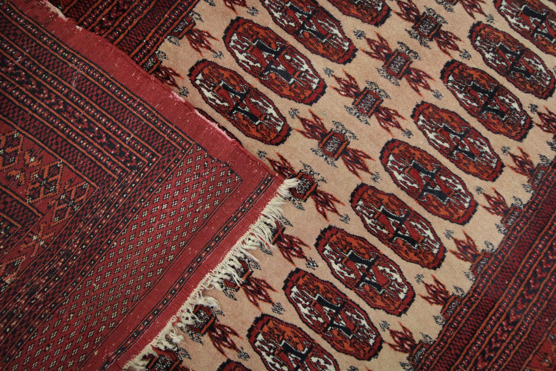 20th Century Vintage Rug Handmade Carpet Turkmen Rug- Red Wool Oriental Rugs All-Over Design  For Sale