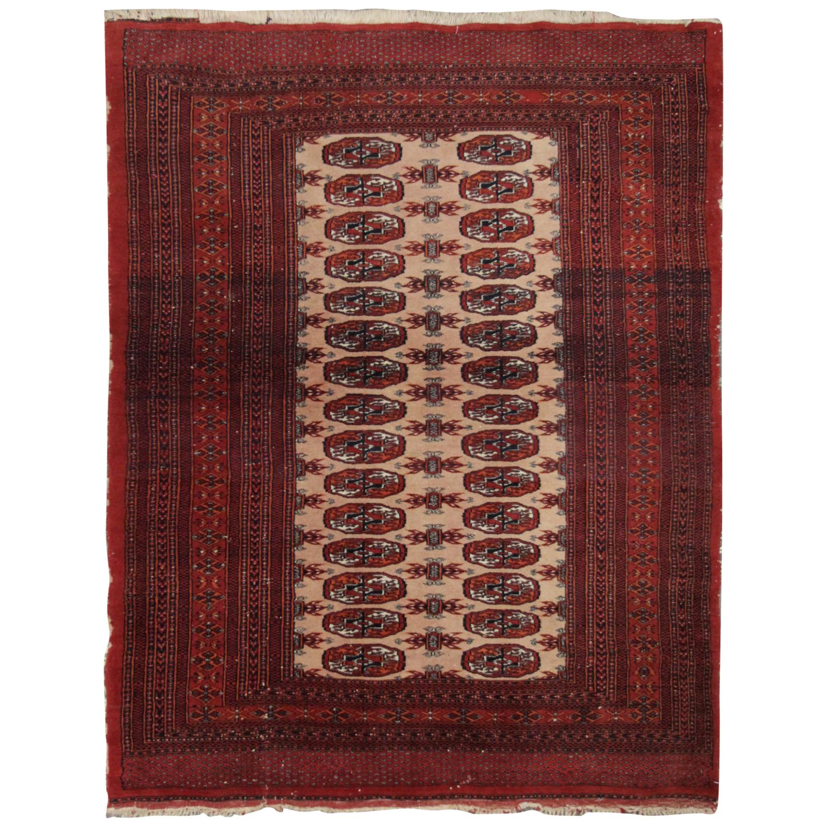 Vintage Rug Handmade Carpet Turkmen Rug- Red Wool Oriental Rugs All-Over Design 