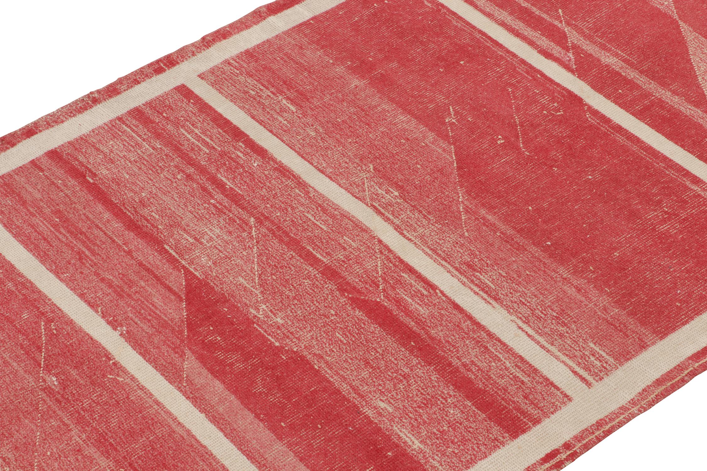 Hand-Knotted Vintage Rug in Red with Off-White Stripe Patterns by Rug & Kilim For Sale
