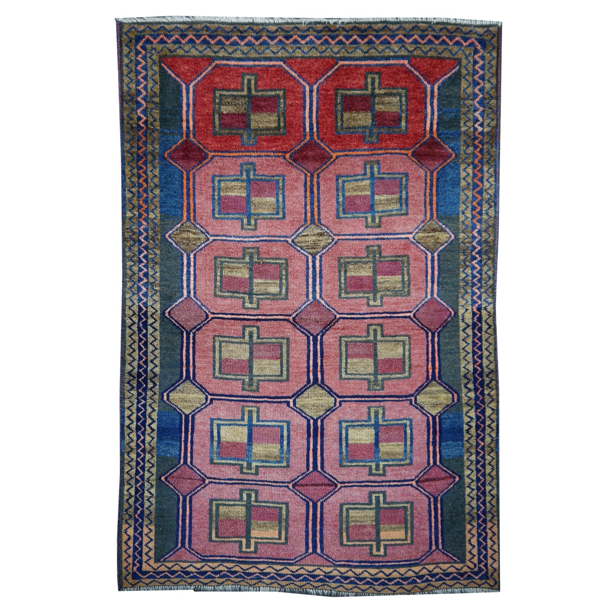 Vintage Rug Kurdish Turkish Hand-Knotted Tribal Carpet Blue, Violet, Red, Green
