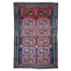 Vintage Rug Kurdish Turkish Hand-Knotted Tribal Carpet Blue, Violet, Red, Green