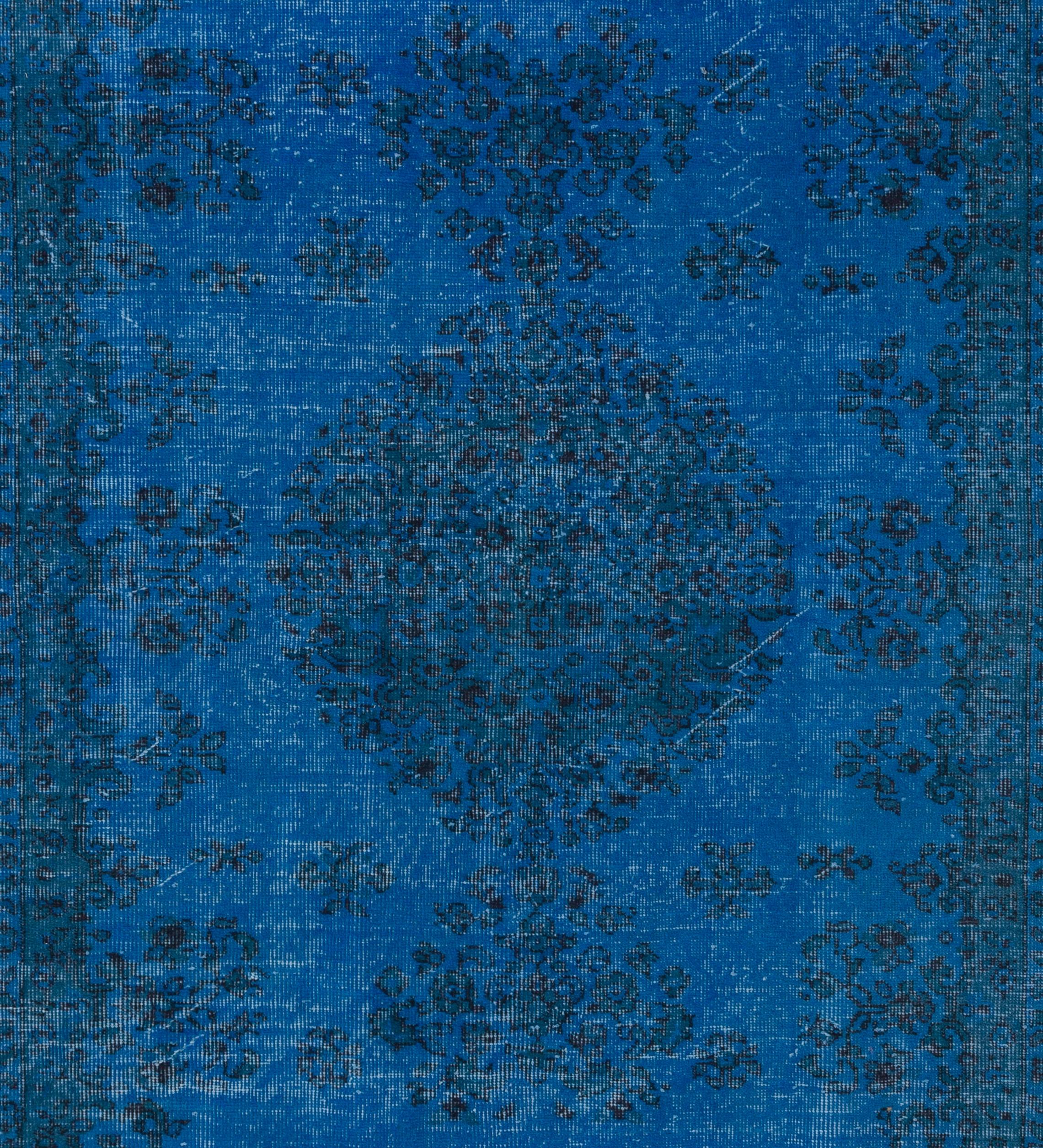 Turkish 5.4x8.6 Ft Vintage Rug Over-Dyed in Blue Color, Ideal for Contemporary Interiors