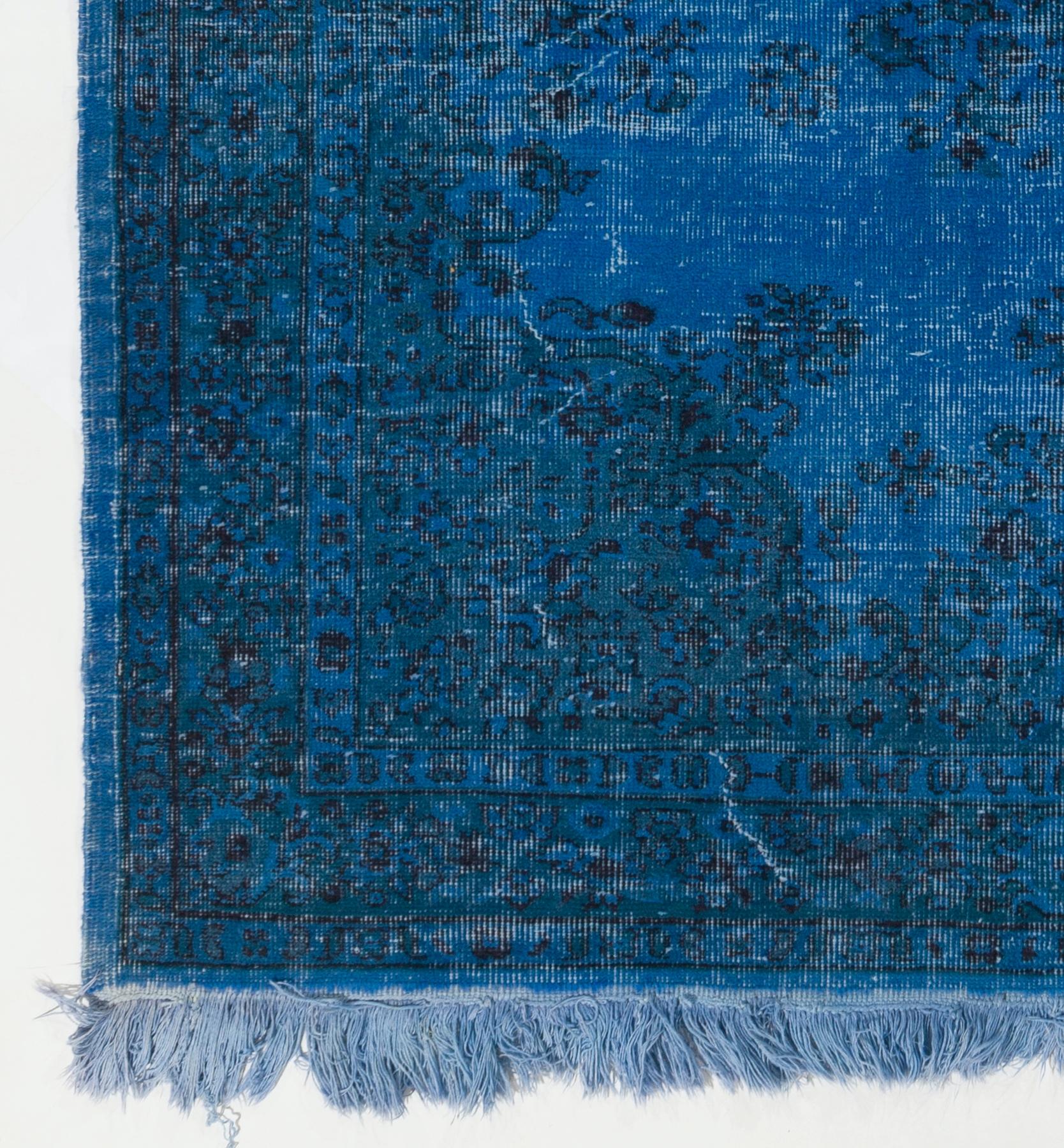 Hand-Woven 5.4x8.6 Ft Vintage Rug Over-Dyed in Blue Color, Ideal for Contemporary Interiors
