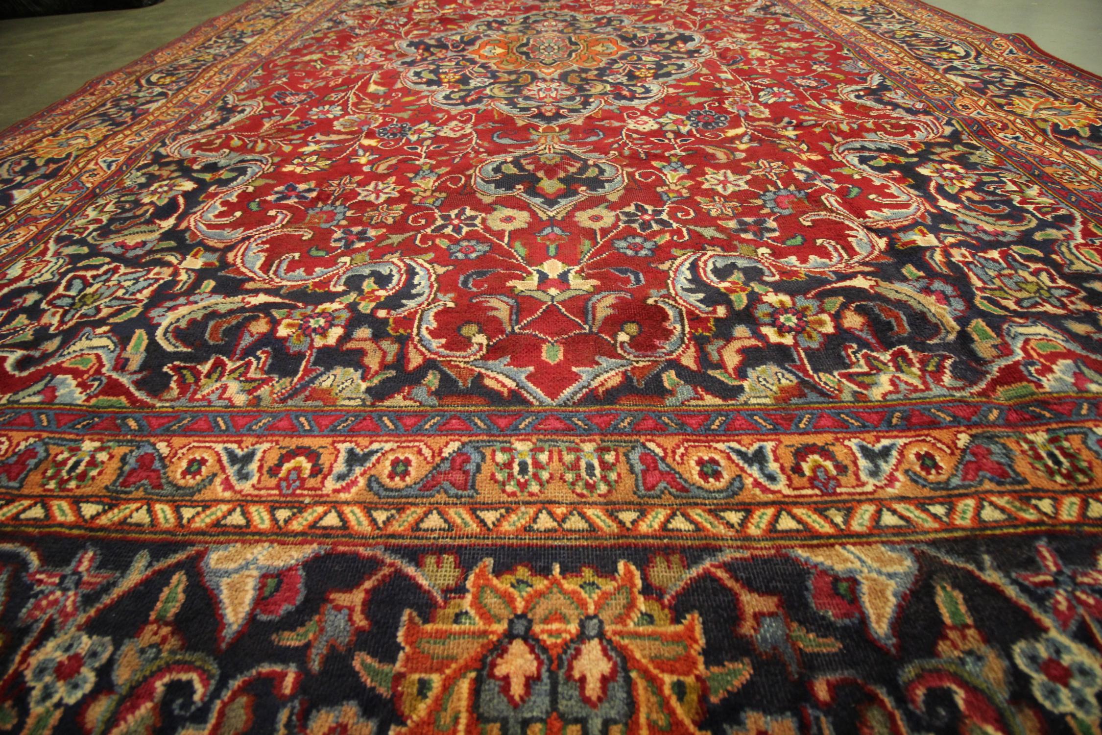 Azerbaijani Large Vintage Rug Red Wool Carpet, Large Handwoven Oriental Area Rug For Sale