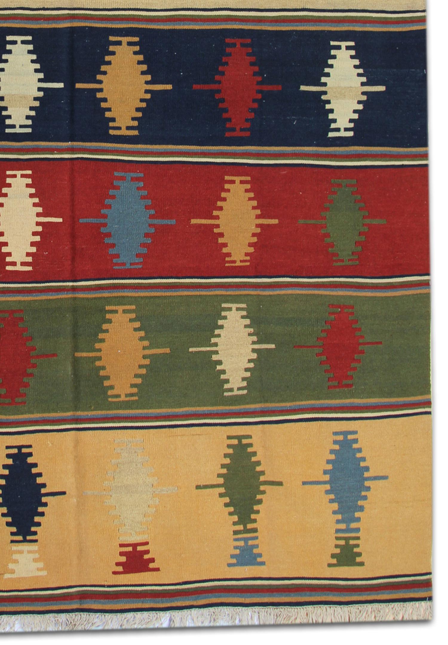 Tribal Vintage Rug Striped Kilims Handmade Multi-Coloured Wool Area Rug For Sale