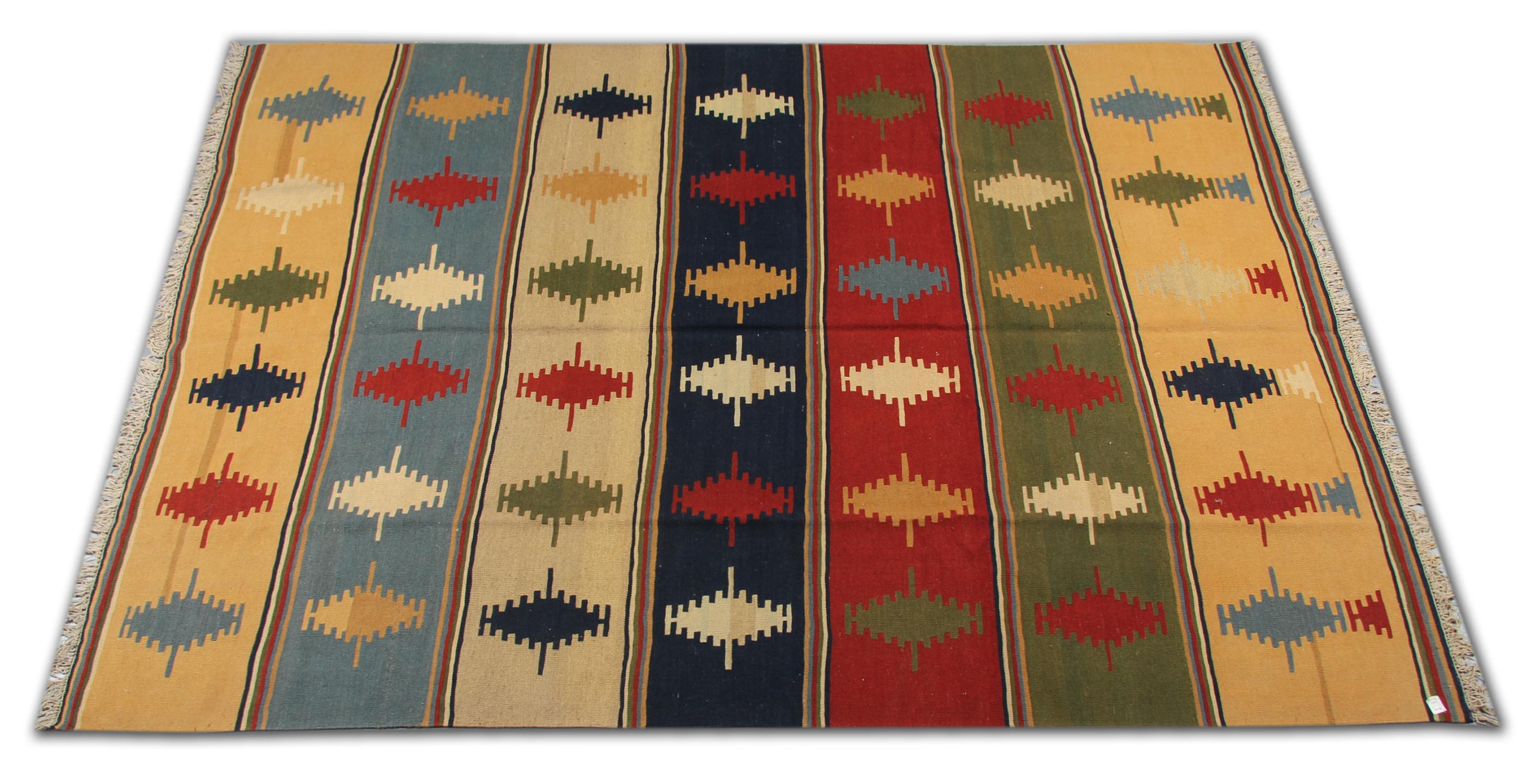 Hand-Knotted Vintage Rug Striped Kilims Handmade Multi-Coloured Wool Area Rug For Sale