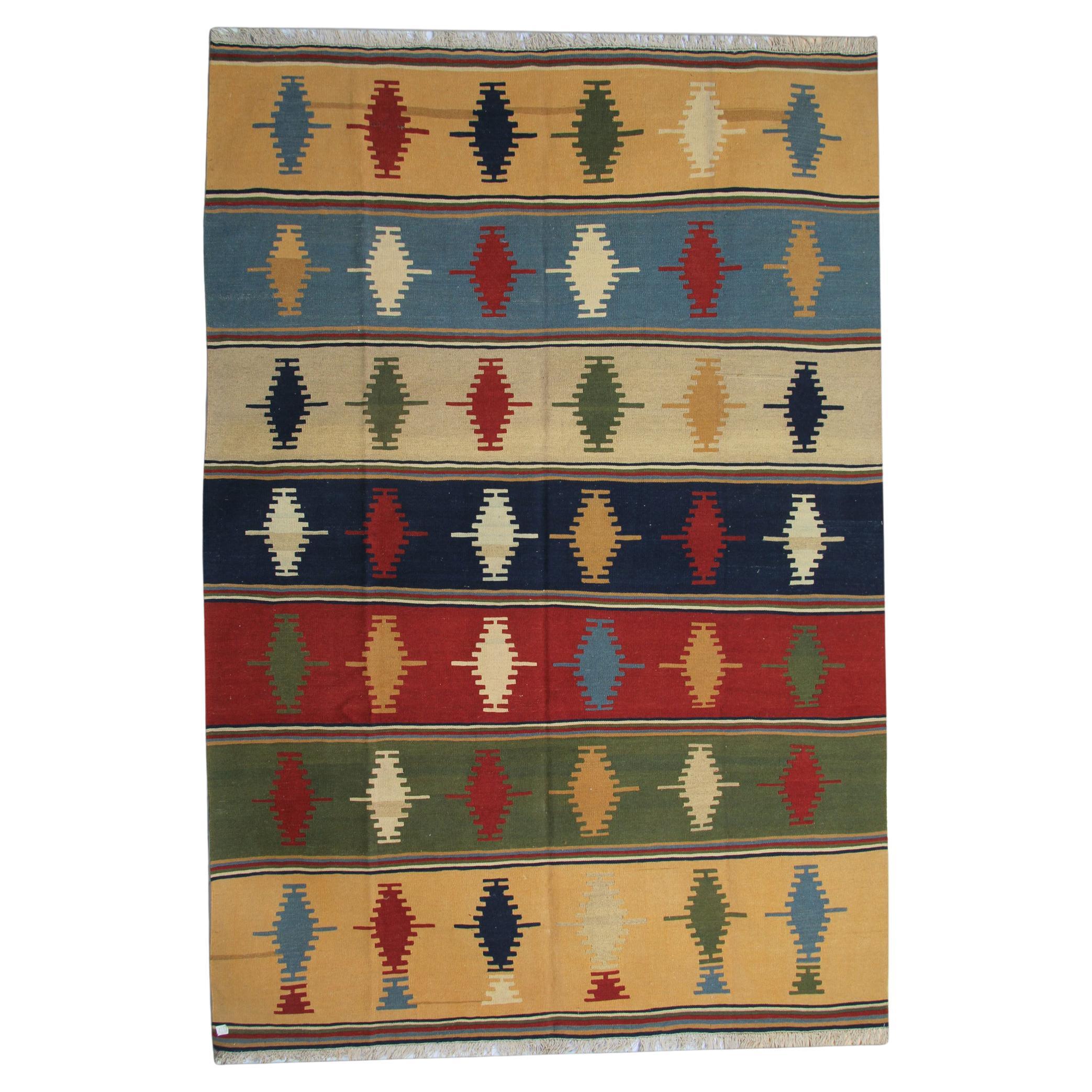 Vintage Rug Striped Kilims Handmade Multi-Coloured Wool Area Rug For Sale