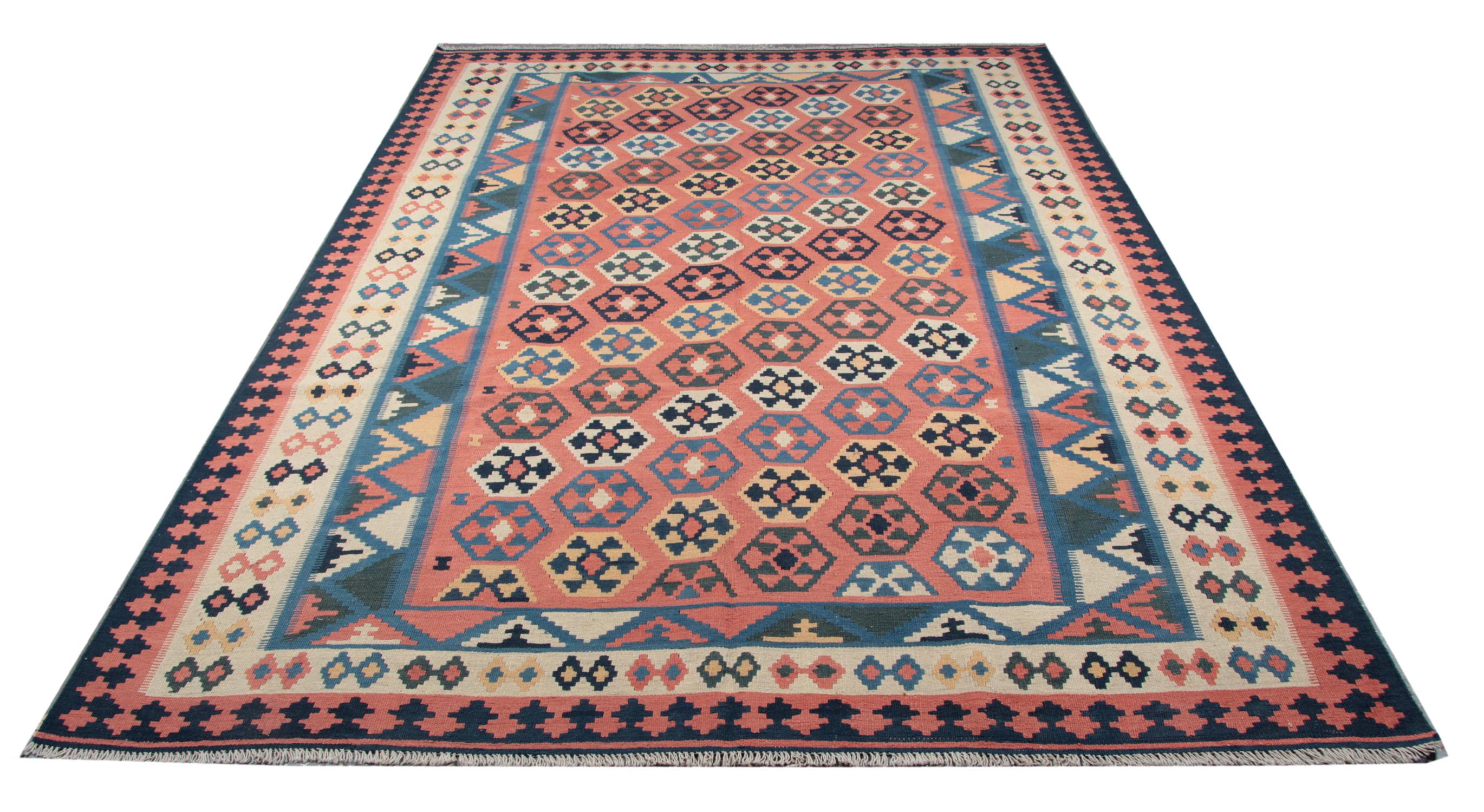 Handgefertigter mehrfarbiger Vintage-Teppich aus Wolle, gestreift Kilims, geometrisch, geometrisch (Afghanisch) im Angebot