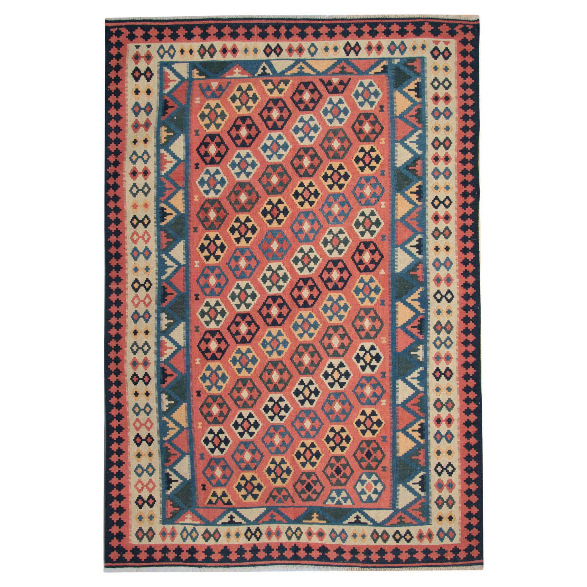 Handgefertigter mehrfarbiger Vintage-Teppich aus Wolle, gestreift Kilims, geometrisch, geometrisch im Angebot