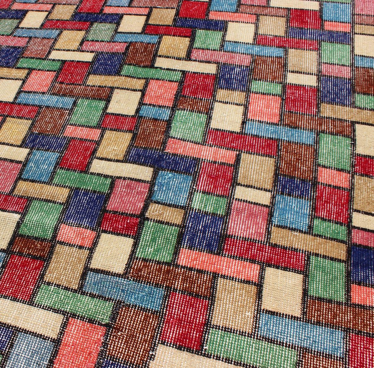 Mid-Century Modern Vintage Rug with a Modern Design with Multi Colors in Multi Colors For Sale