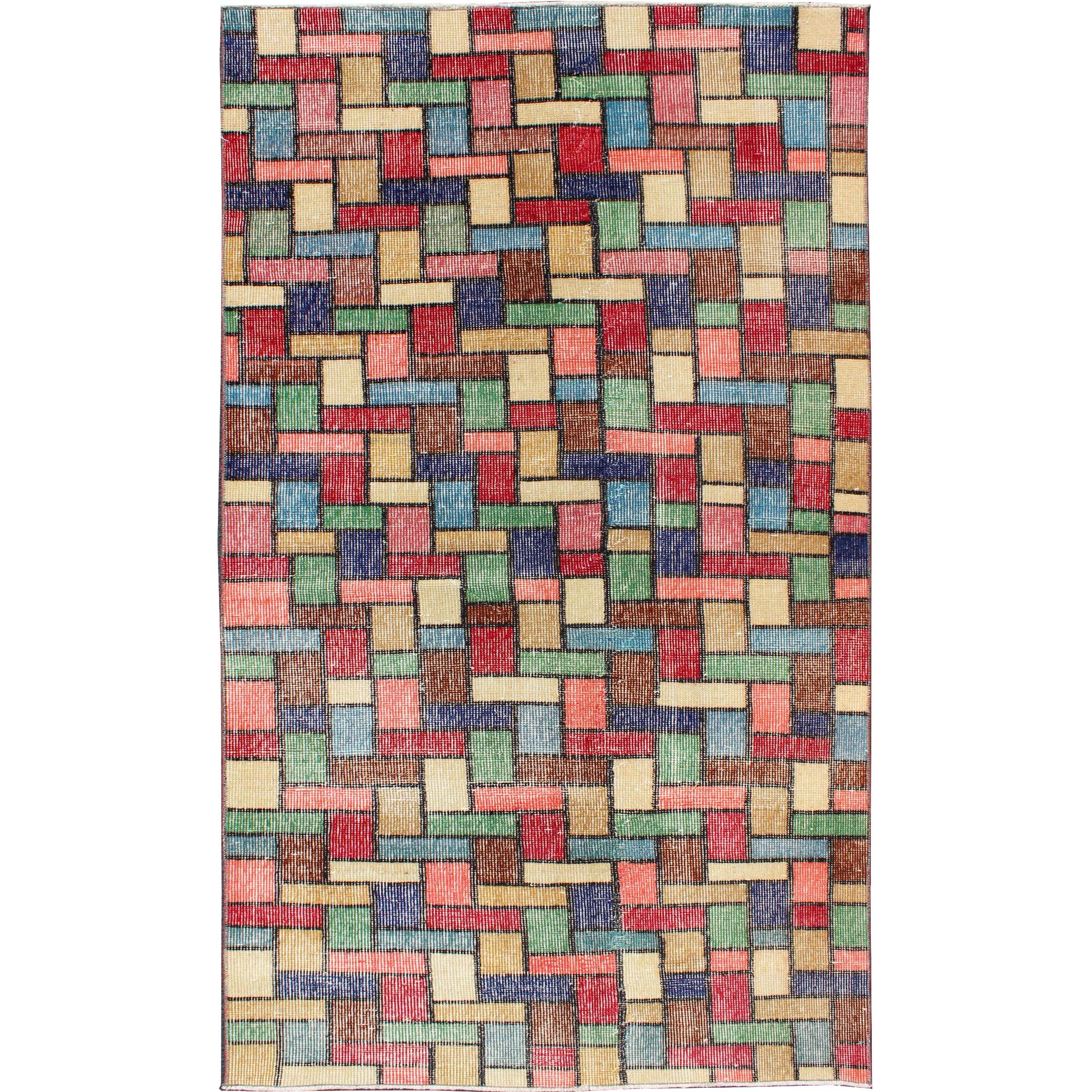 Mid Century Modern Rug with Abstract Design in Light Gray and Multi