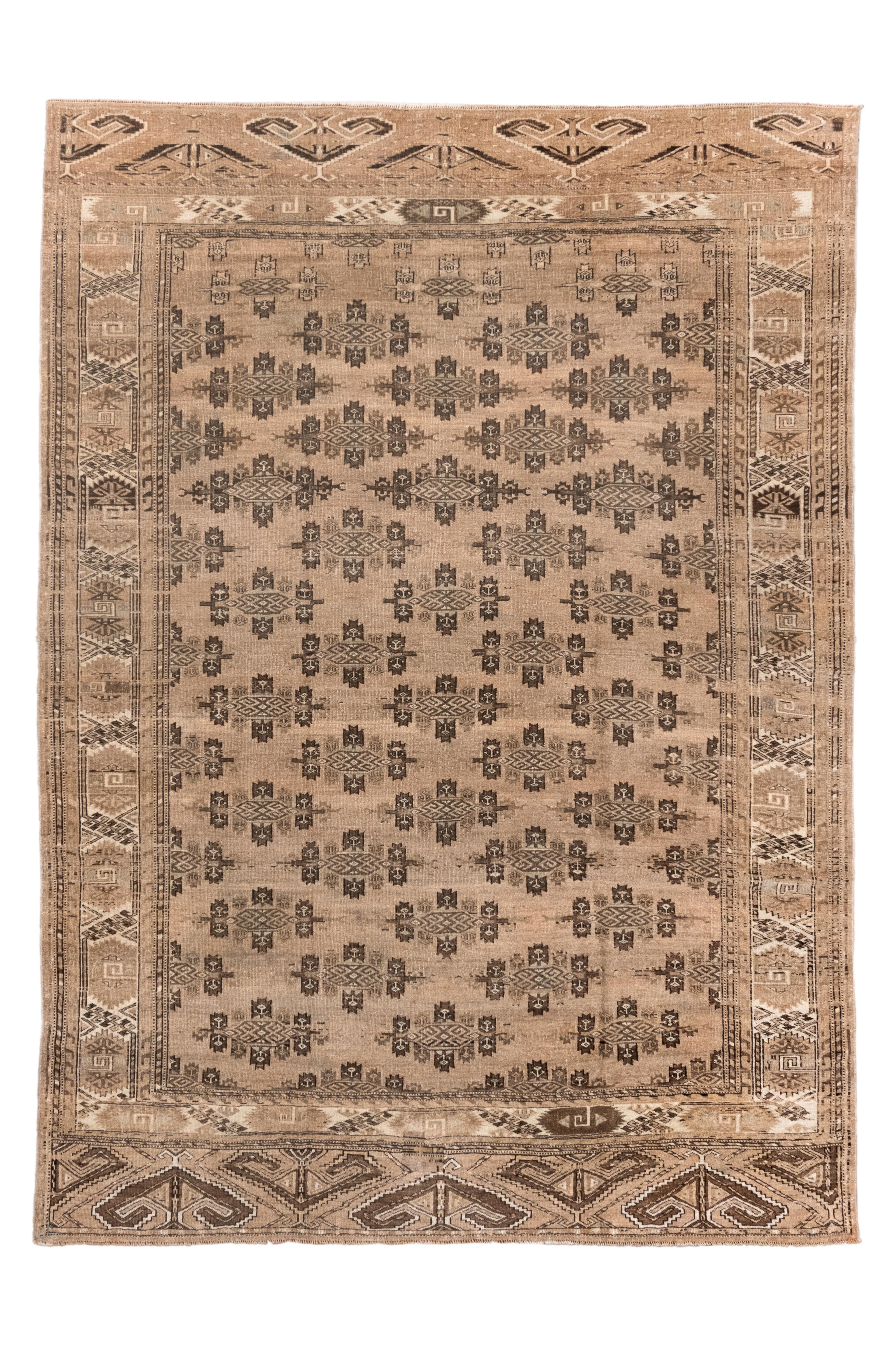Offset rows of similar characteristic Kepse Yomud tribal guls decorate the abrashed camel field, while the main ecru border features traditional curled leaves within a hooked, trapezoidal meander. Elems (extra end panels) with reversing “flying