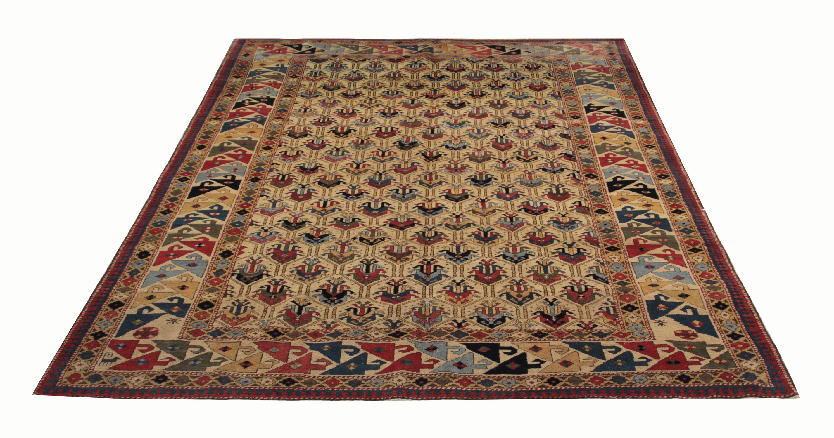 An excellent example of traditional Caucasian carpet rug weaving from the Shirvan region. Though these gold-beige ground all over design patterned rugs may seem like from a distance, but this woven rug has a great range of colors. This geometric rug