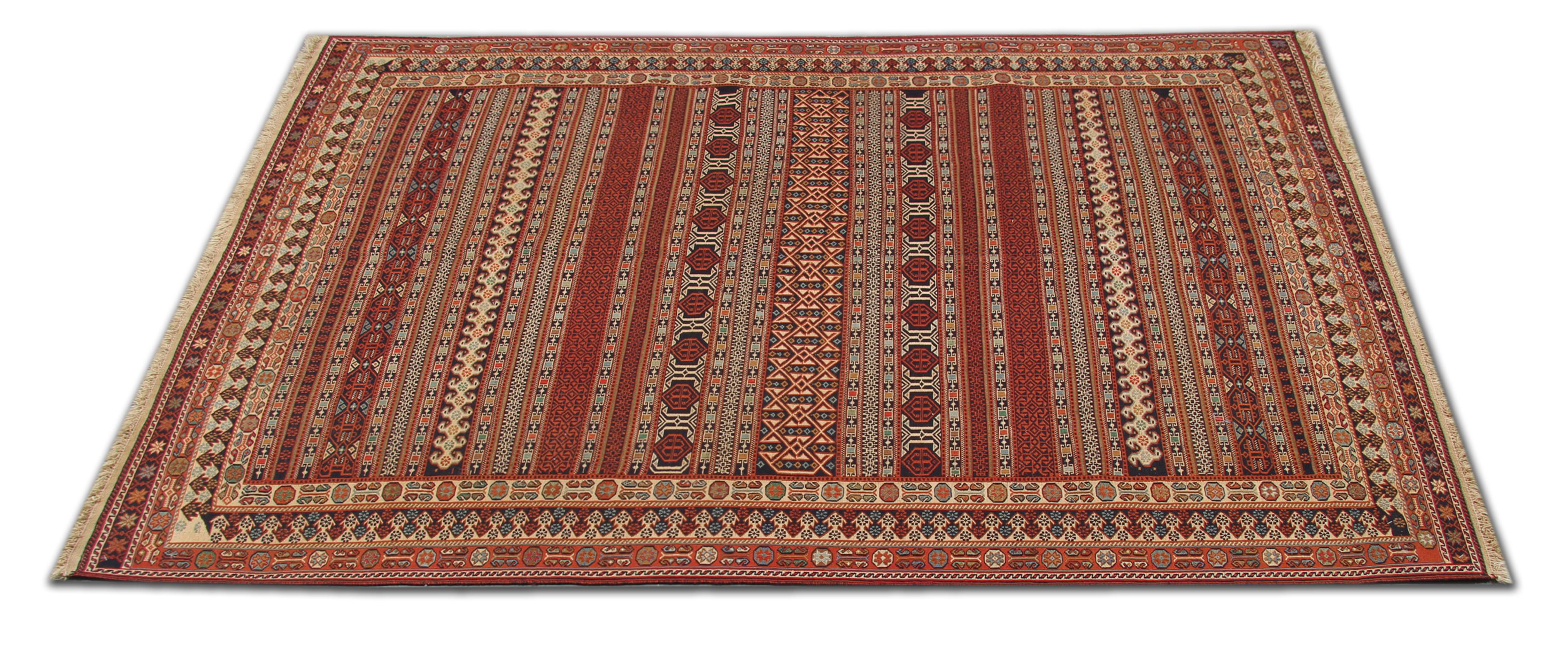Caucasian Vintage Rugs Handmade Carpet Kilim Soumak Rug Rust Wool Kilim Rug For Sale