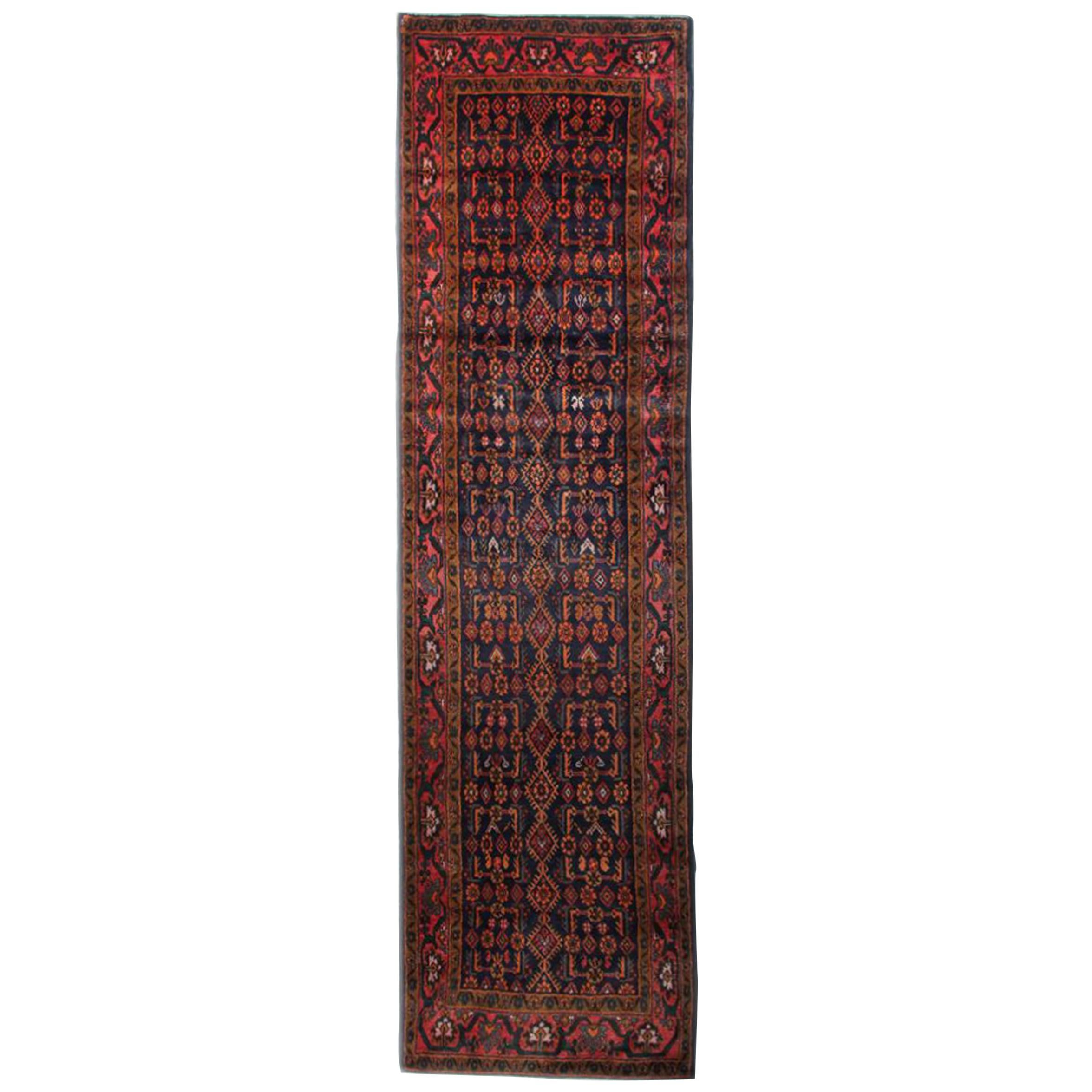 Vintage Rugs Handmade Wool Carpet Runner, Blue Oriental Runner Rug For Sale