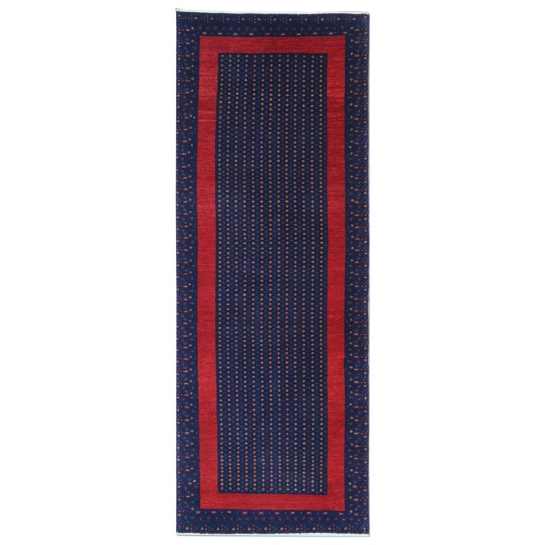 Vintage Rugs Navy Blue Carpet Runner, Gabbeh Wool Handwoven Runner For Sale  at 1stDibs