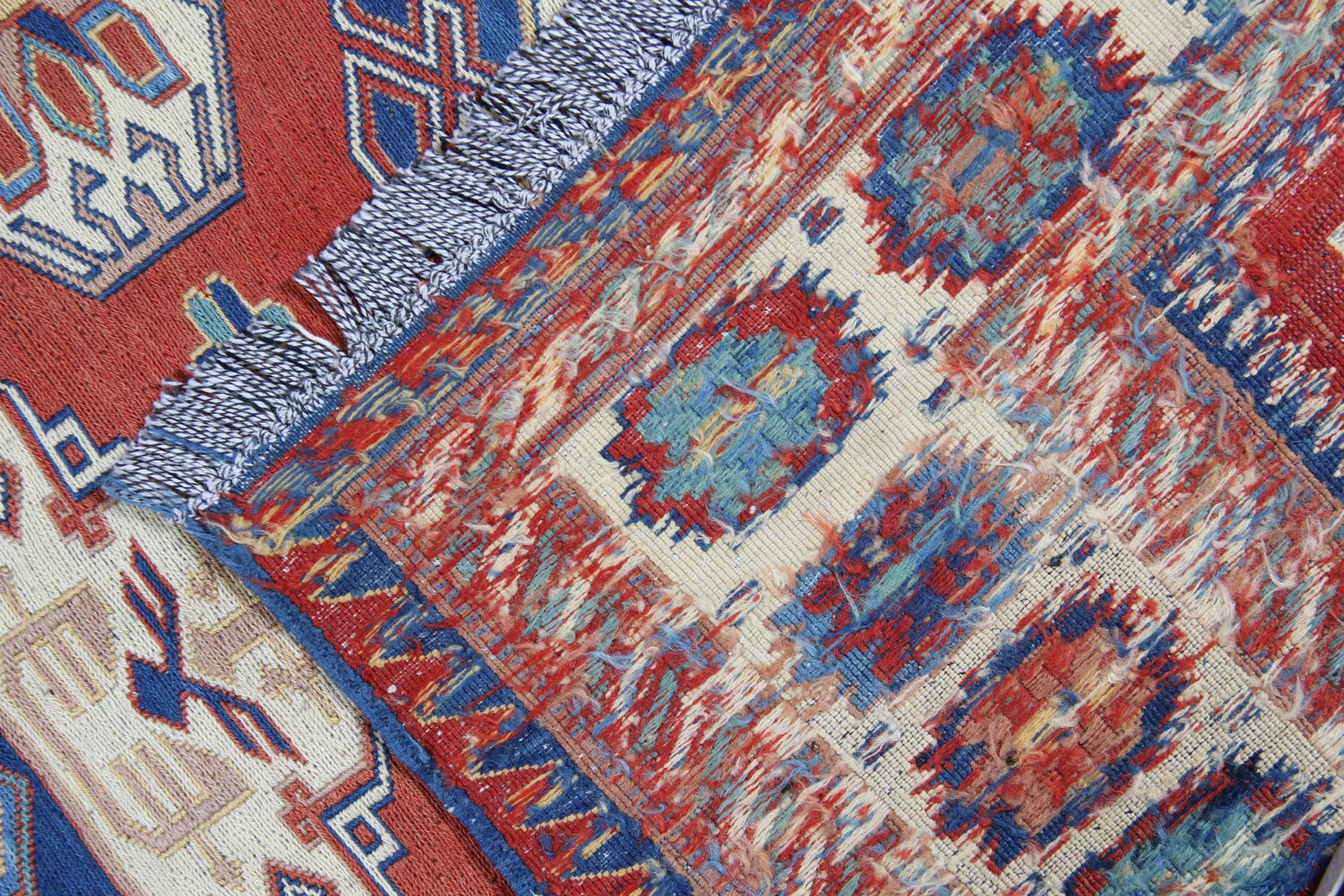 Tribal Vintage Rugs Soumak Kilim Handmade Carpet Geometric Wool Area Rug For Sale