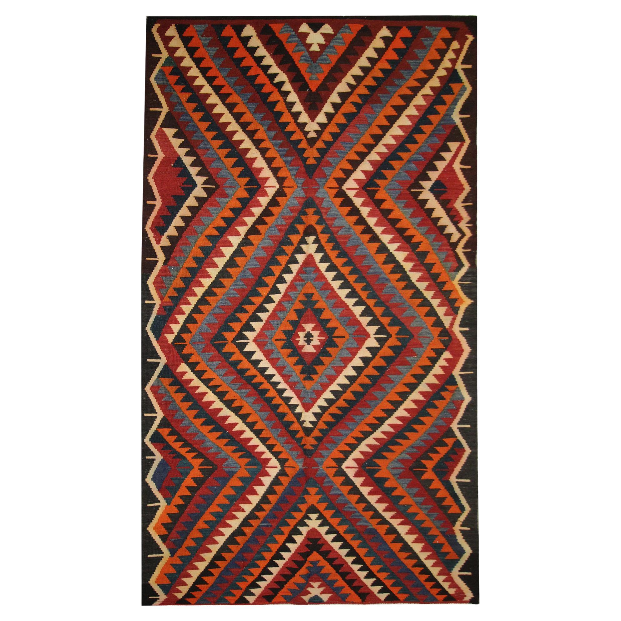 Vintage Rugs Wool Kilim Geometric Carpet Traditional Flat-Woven Kilim Rug For Sale