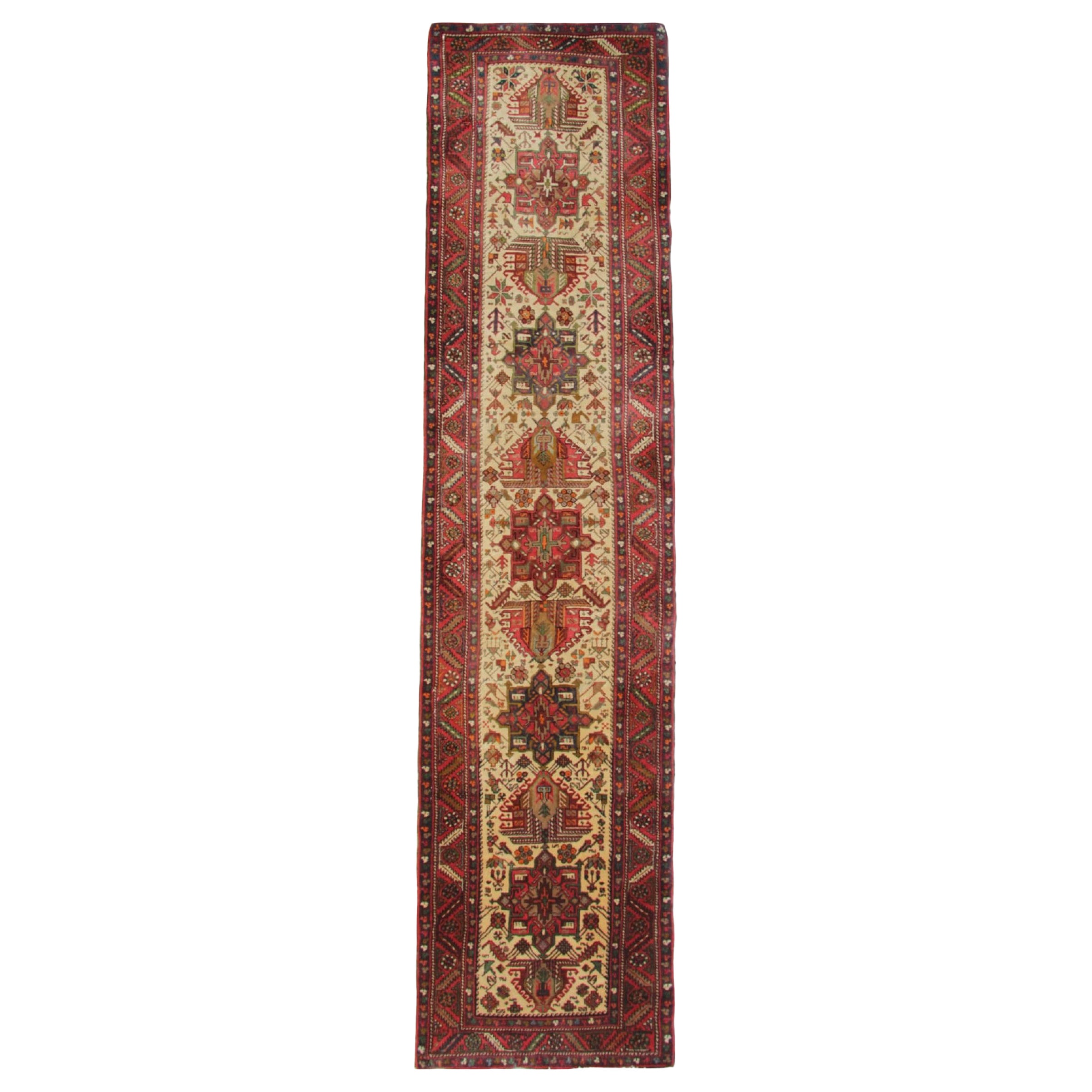 Vintage Runner Beige Geometric Runner Rug, Wool Carpet Runner
