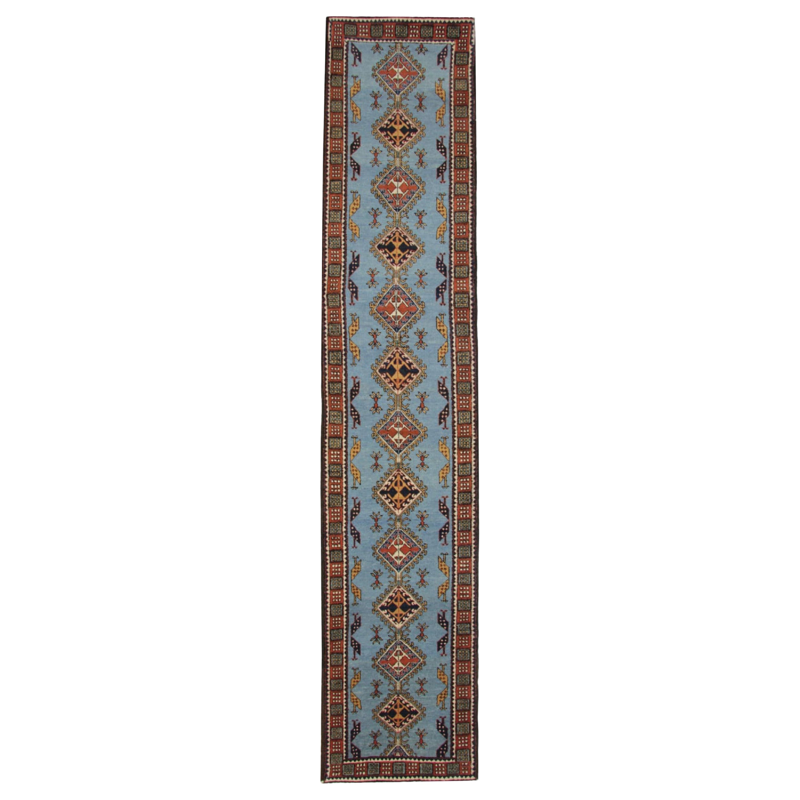 Blauer geometrischer Vintage-Läufer, Wollteppich, Läufer