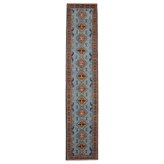 Vintage Runner Blue Geometric Runner Rug, Wool Carpet Runner