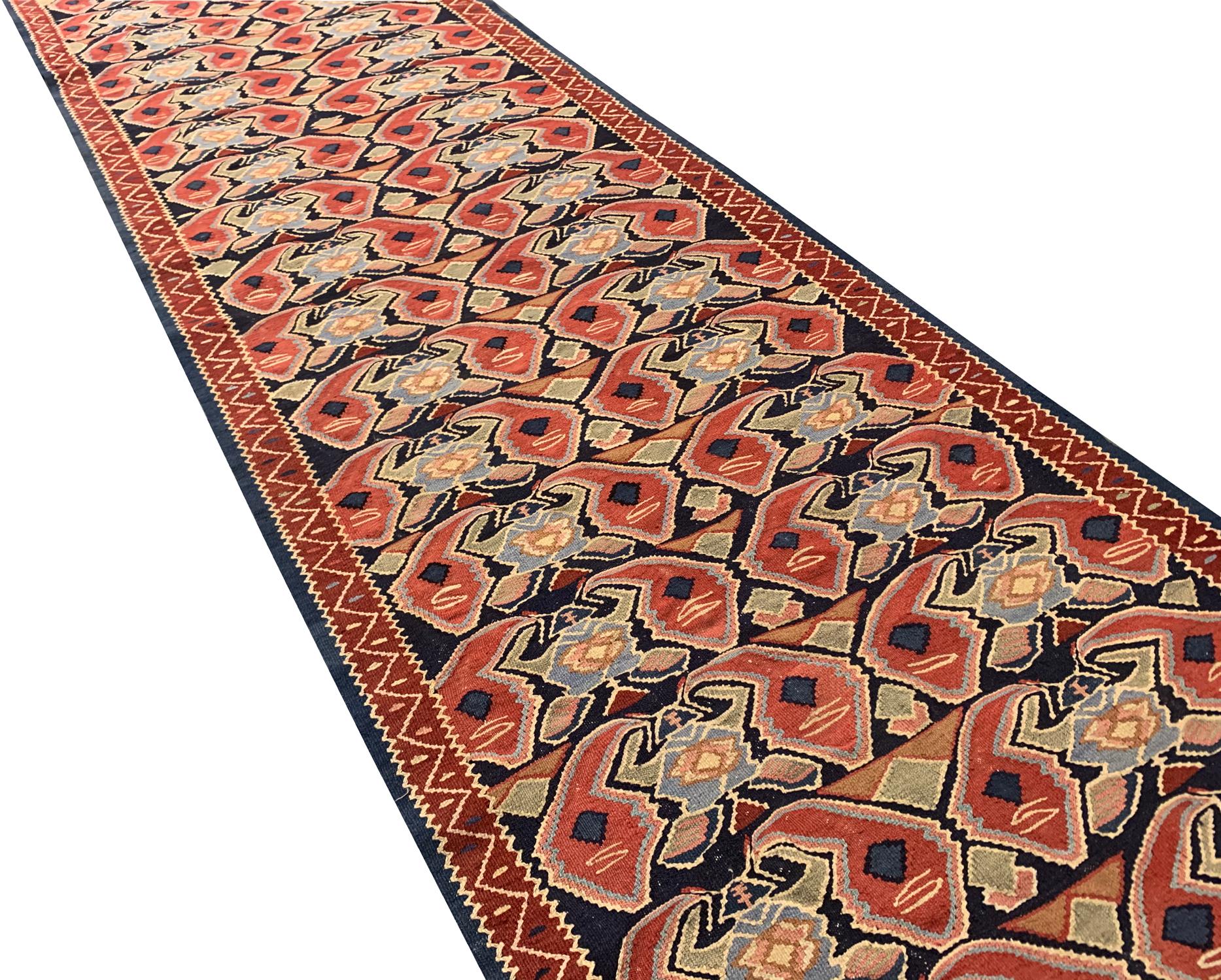 Mid-Century Modern Vintage Runner Caucasian Handmade Kilim Rug Red Wool Flatweave Carpet For Sale