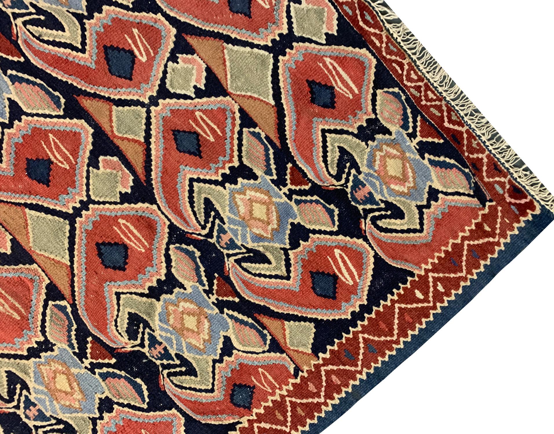Hand-Knotted Vintage Runner Caucasian Handmade Kilim Rug Red Wool Flatweave Carpet For Sale