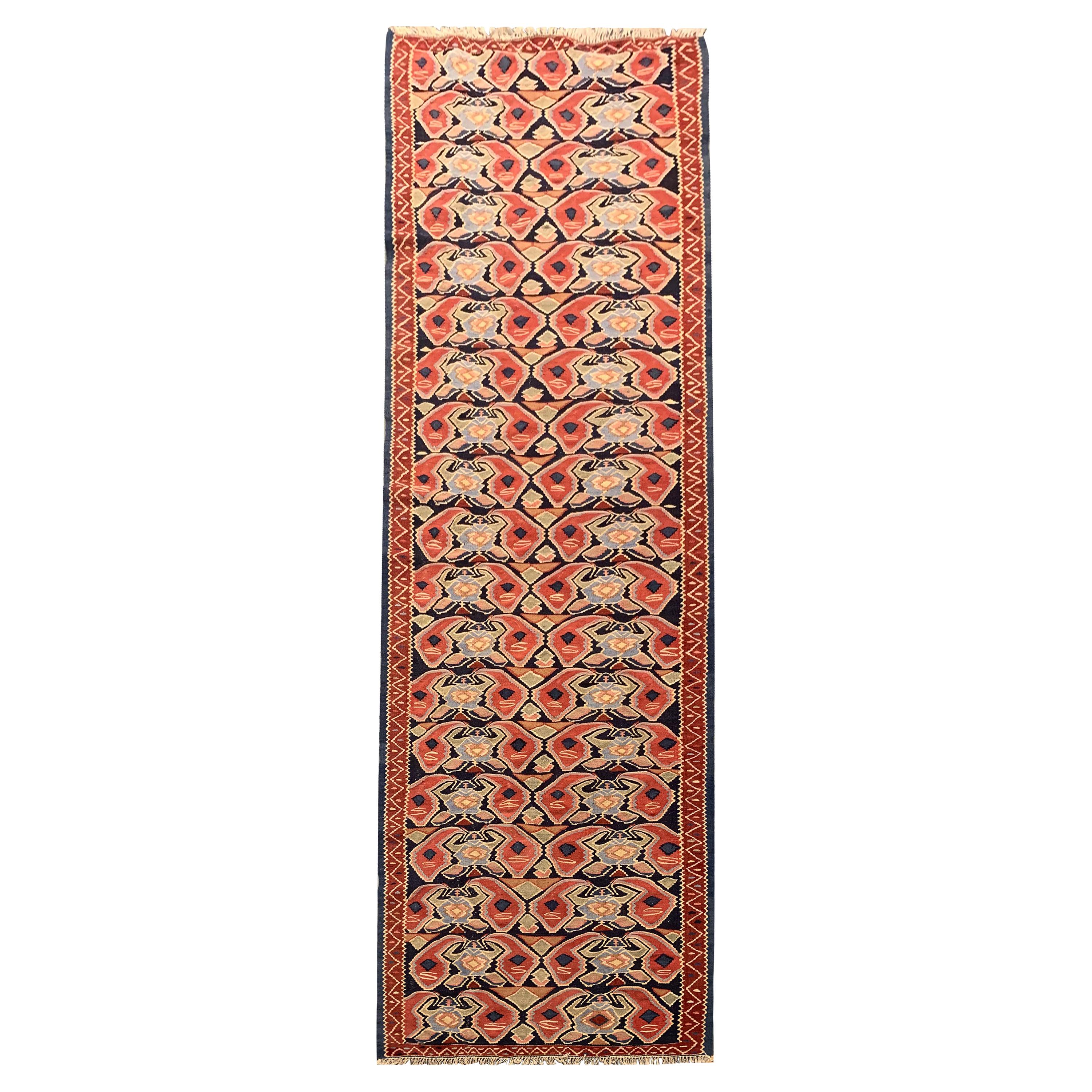 Vintage Runner Caucasian Handmade Kilim Rug Red Wool Flatweave Carpet For Sale