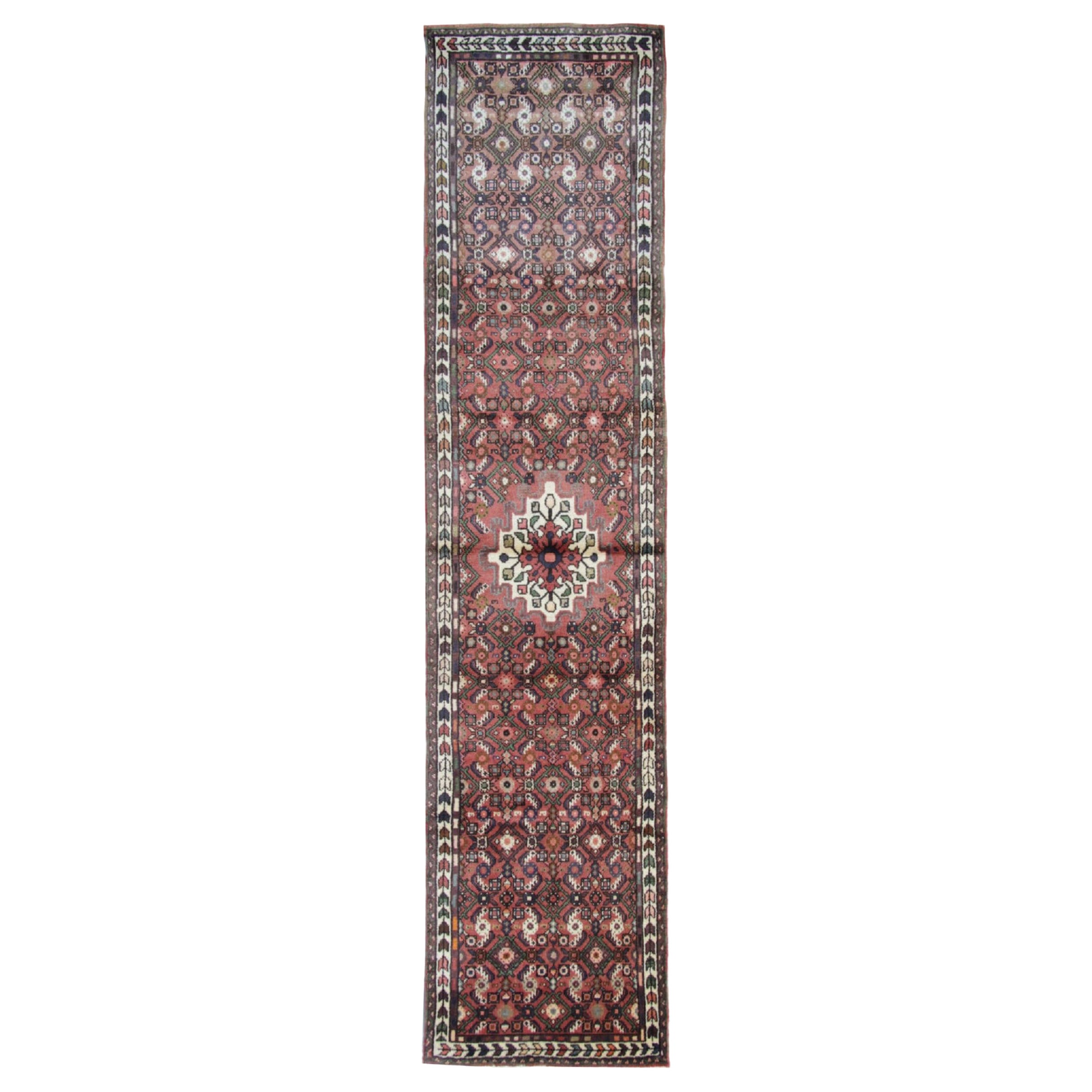 Geometrischer Farahan-Läufer, Vintage-Läufer, roter Teppich, Wollteppich, Vintage im Angebot