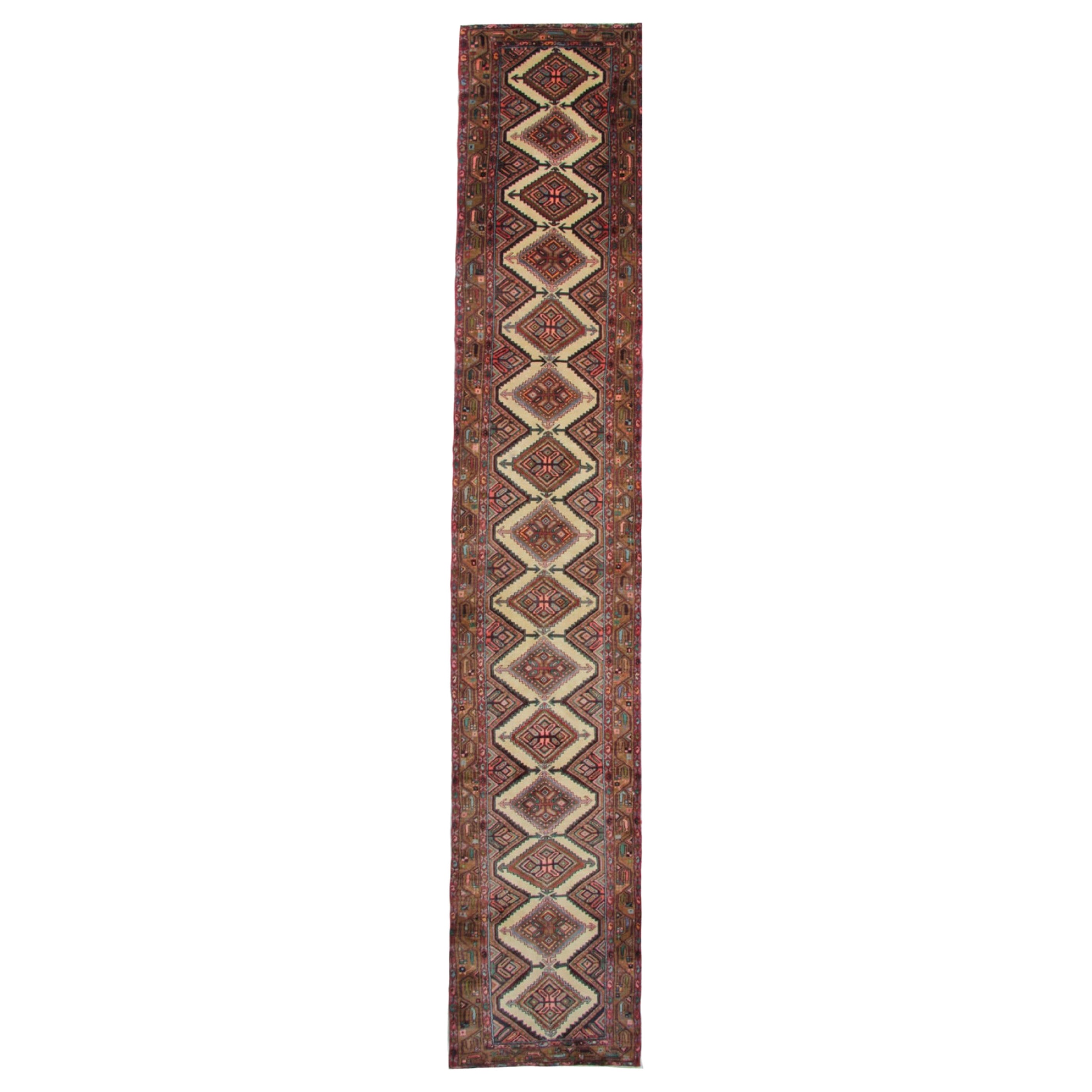 Geometrischer Vintage-Läufer, cremefarbener Teppich, Wollteppich