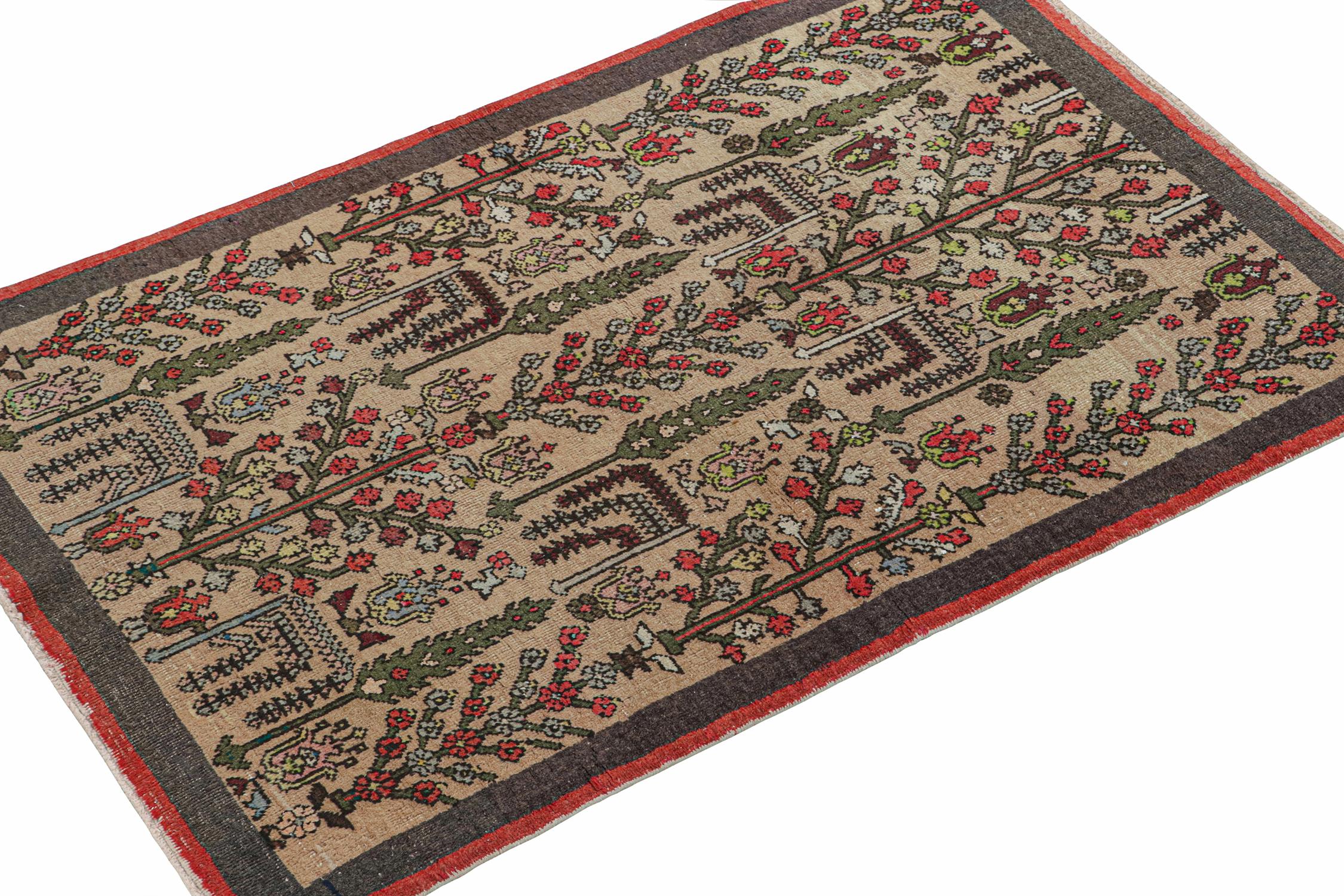 Turkish Vintage Runner in Beige with Green and Red Floral Patterns by Rug & Kilim For Sale