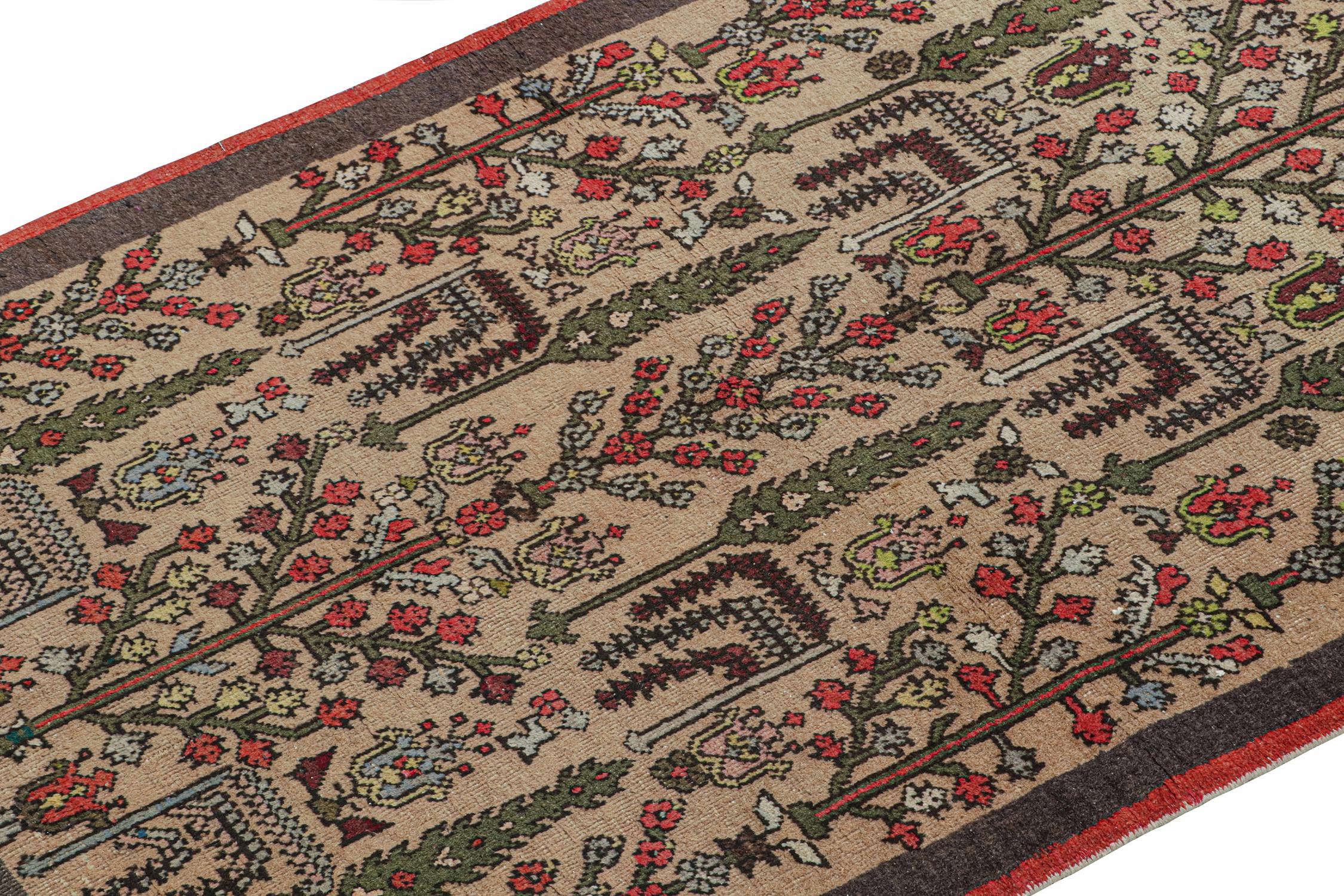 Hand-Knotted Vintage Runner in Beige with Green and Red Floral Patterns by Rug & Kilim For Sale