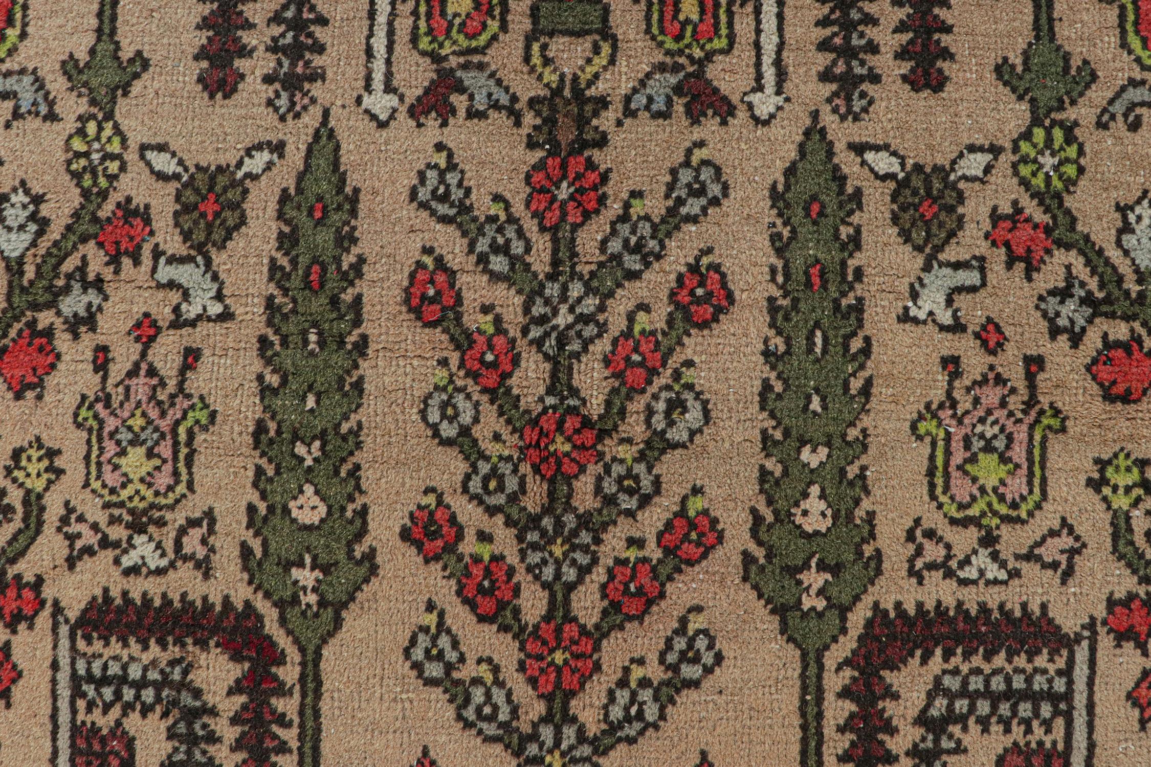 Mid-20th Century Vintage Runner in Beige with Green and Red Floral Patterns by Rug & Kilim For Sale