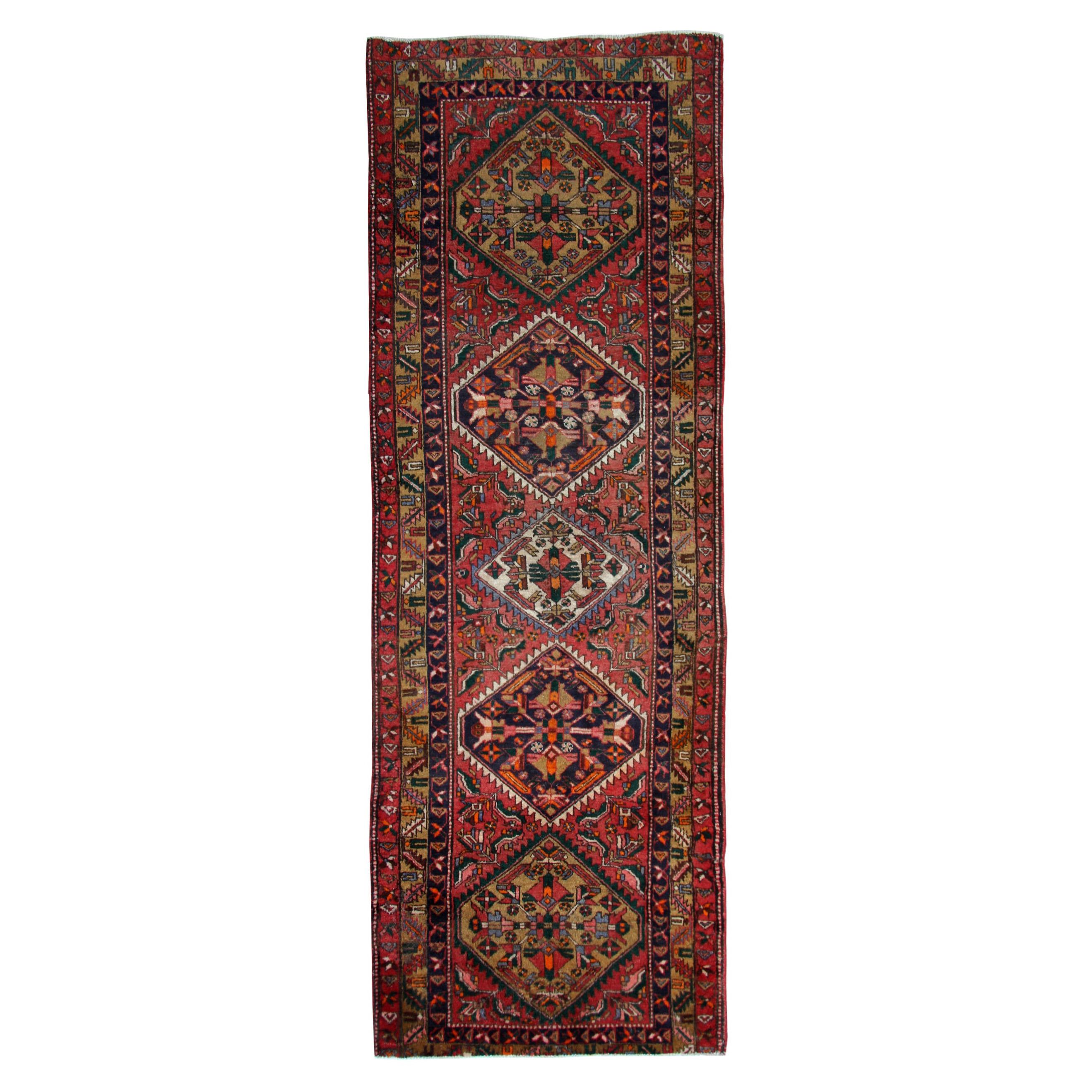 Vintage Runner Rug Handmade Wool Geometric Red Carpet