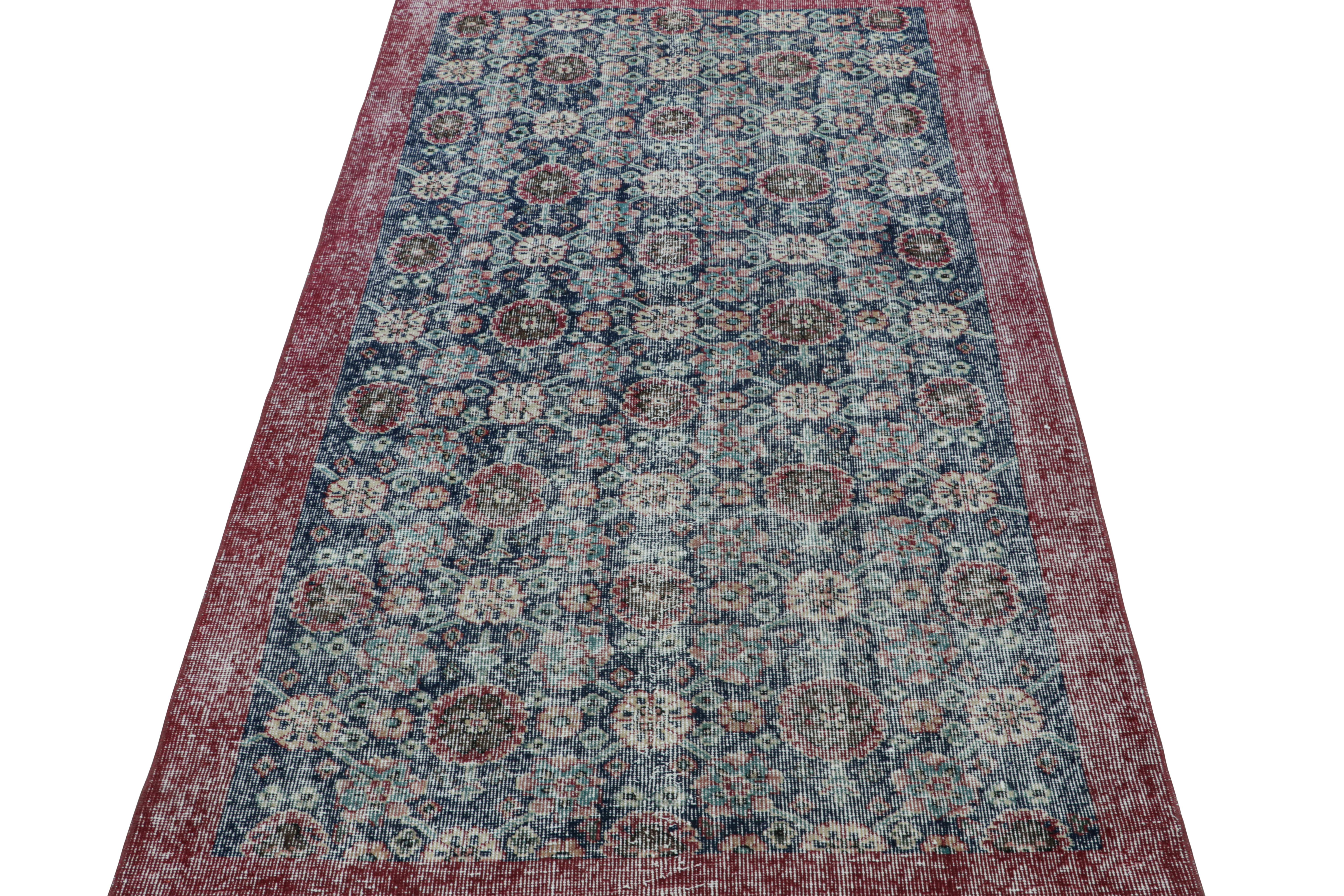 Turkish Vintage Runner Rug in Blue and Burgundy with Floral Patterns, from Rug & Kilim For Sale