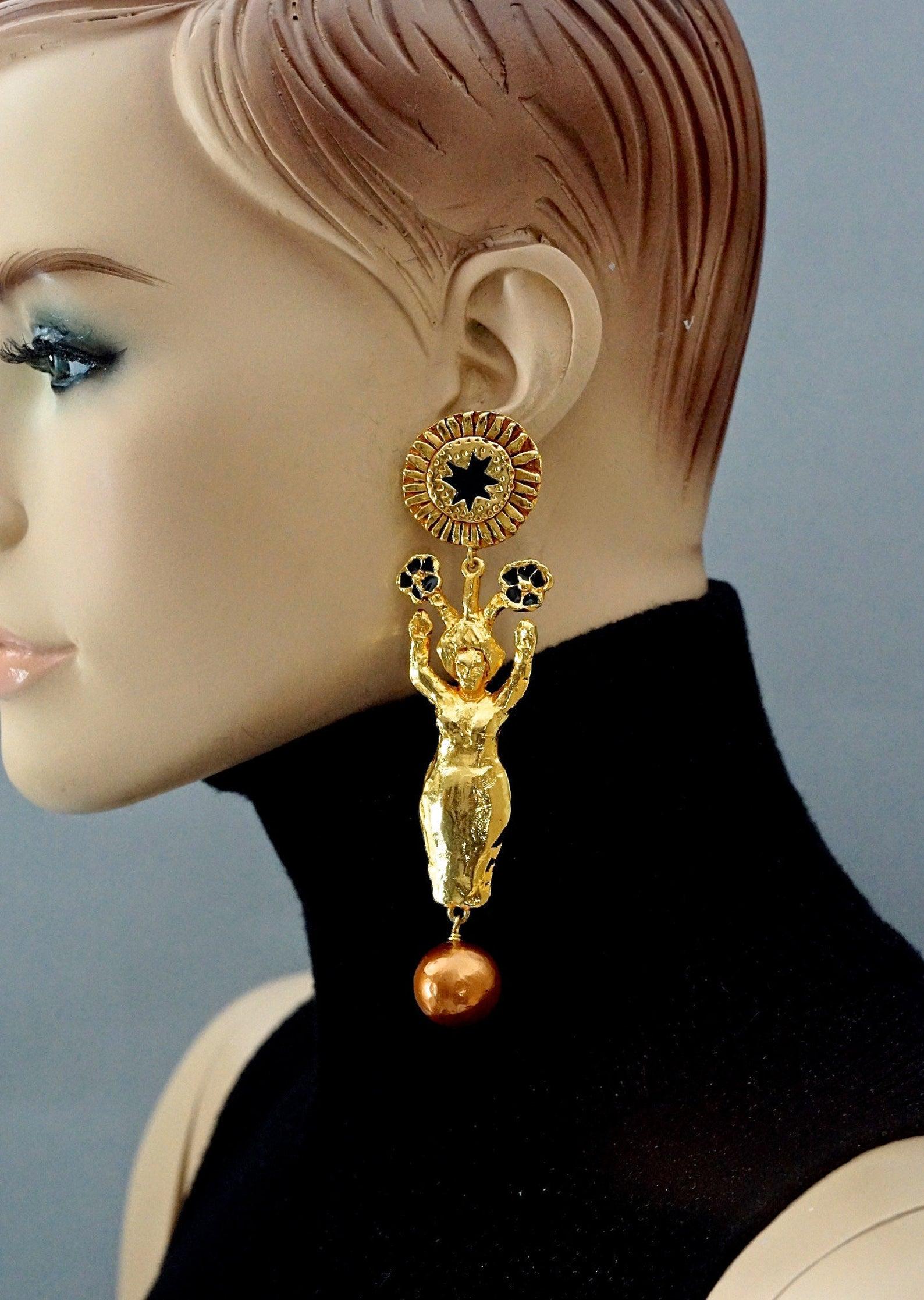 Vintage Runway CHRISTIAN LACROIX Sculptured Figural Woman Enamel Pearl Earrings 2