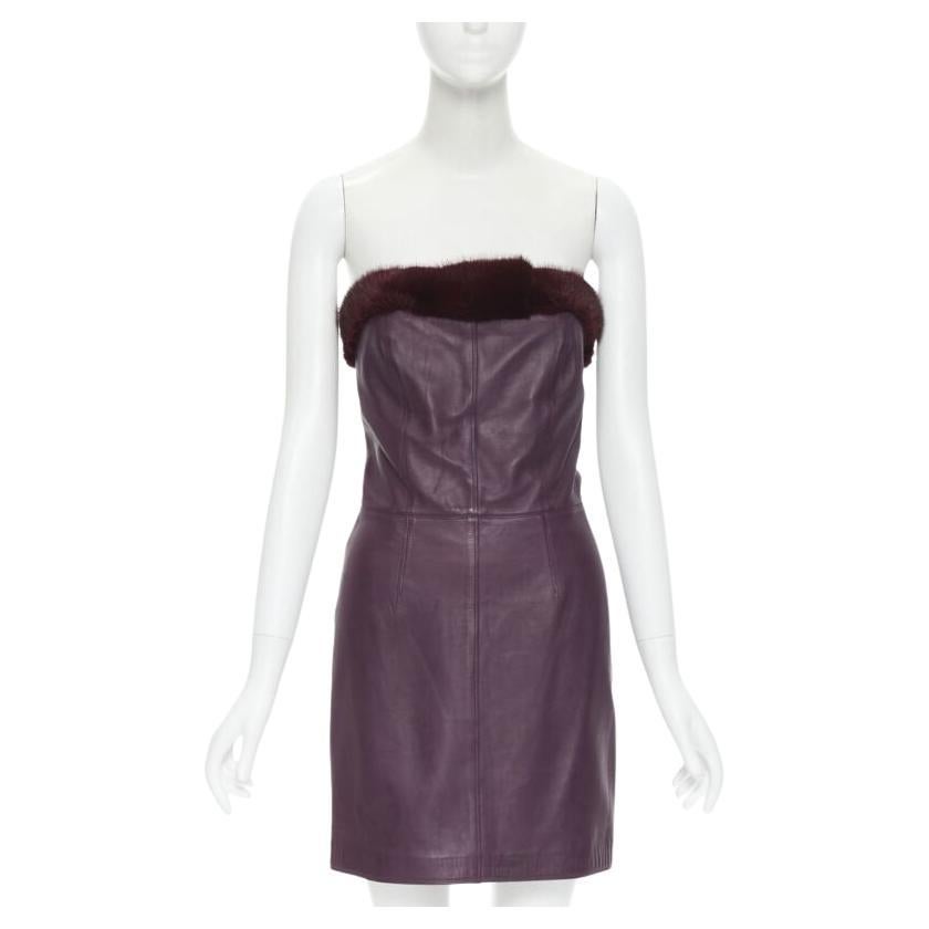 vintage Runway GIANNI VERSACE 1997 purple leather fur strapless mini dress IT40