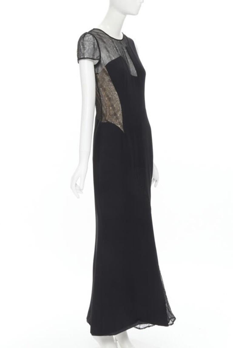 Noir vintage Runway GIANNI VERSACE 1998 noir web sheer lace panel gown IT40 S en vente
